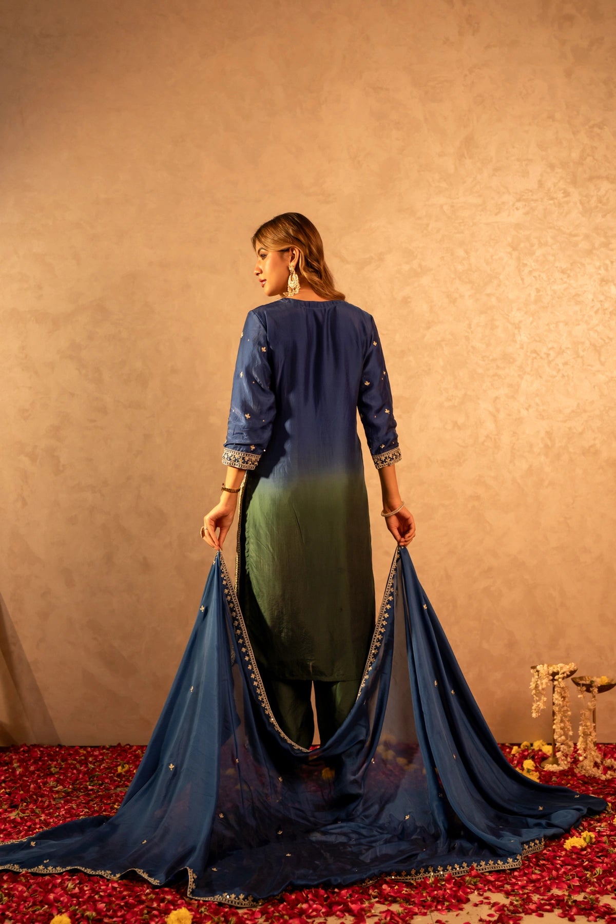 GOTTA BAZAR TWO TONE NEEL SILK AARI TAARI HAND WORK STRAIGHT SUIT SET