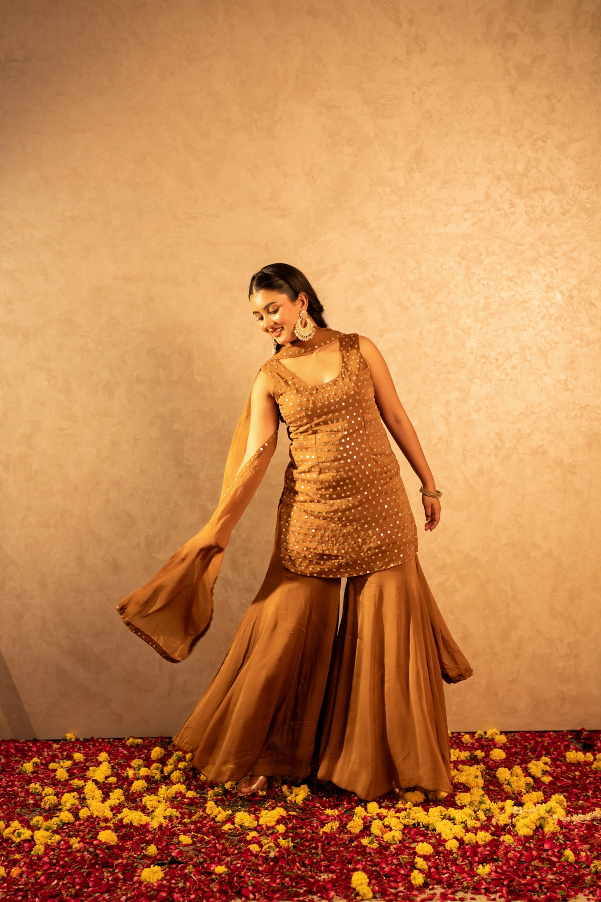 GOTTA BAZAR SONA BROWN ORGANZA TAARI HAND WORK SHARARA SET WITH DUPATTA