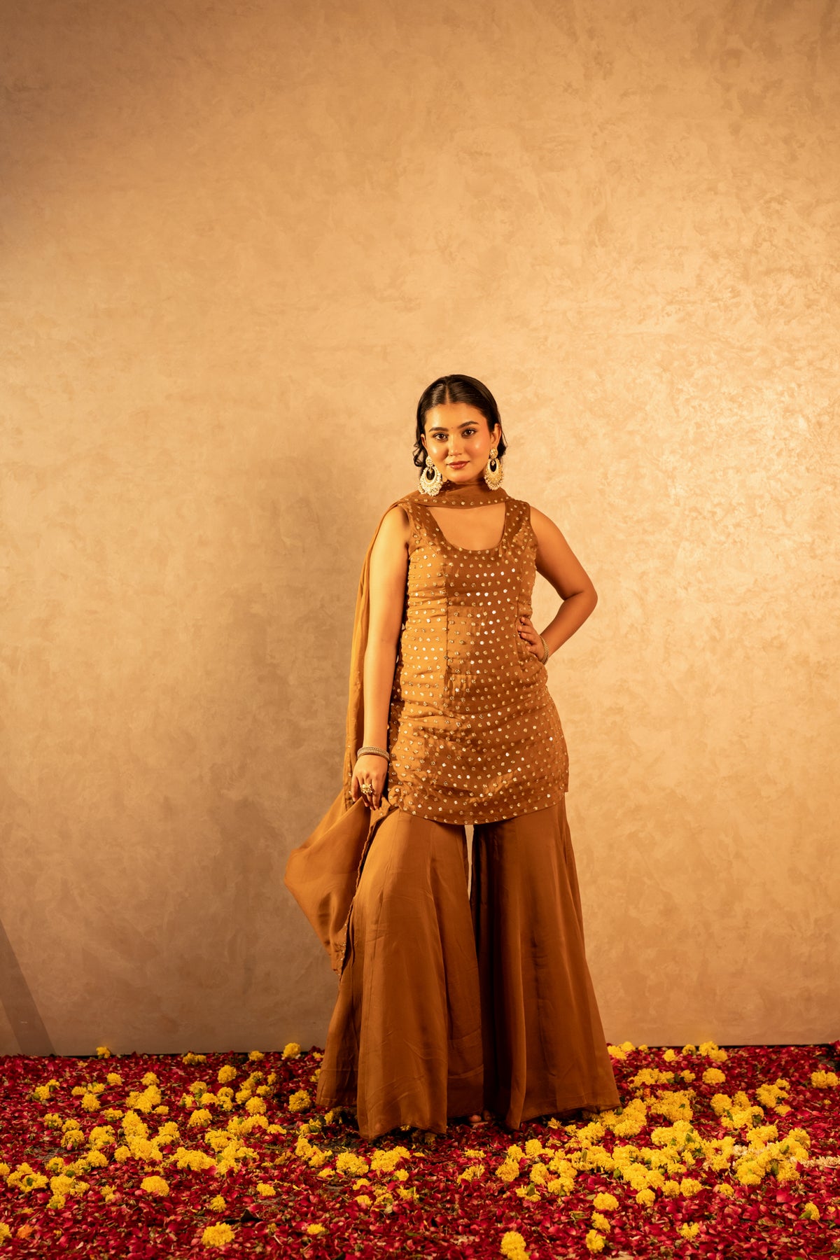 GOTTA BAZAR SONA BROWN ORGANZA TAARI HAND WORK SHARARA SET WITH DUPATTA