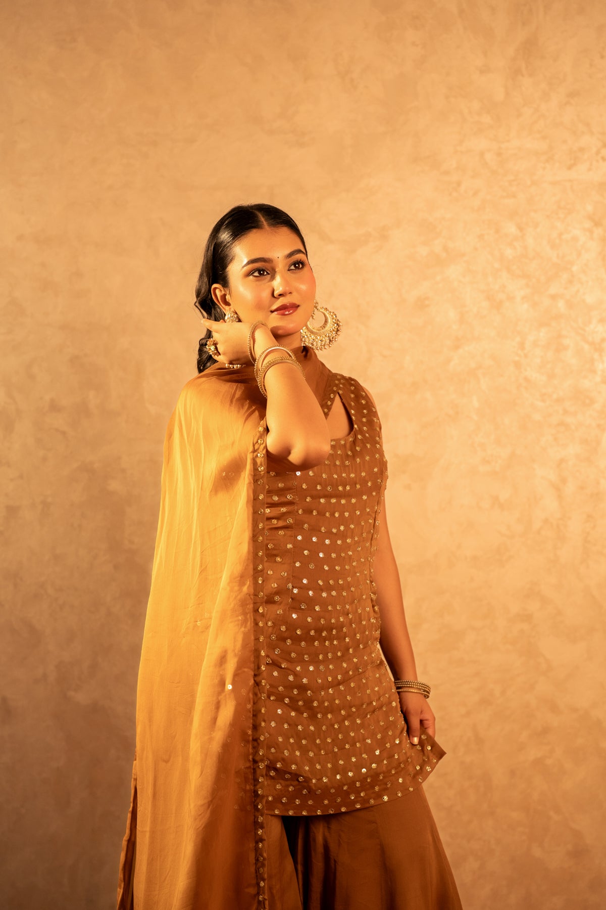 GOTTA BAZAR SONA BROWN ORGANZA TAARI HAND WORK SHARARA SET WITH DUPATTA