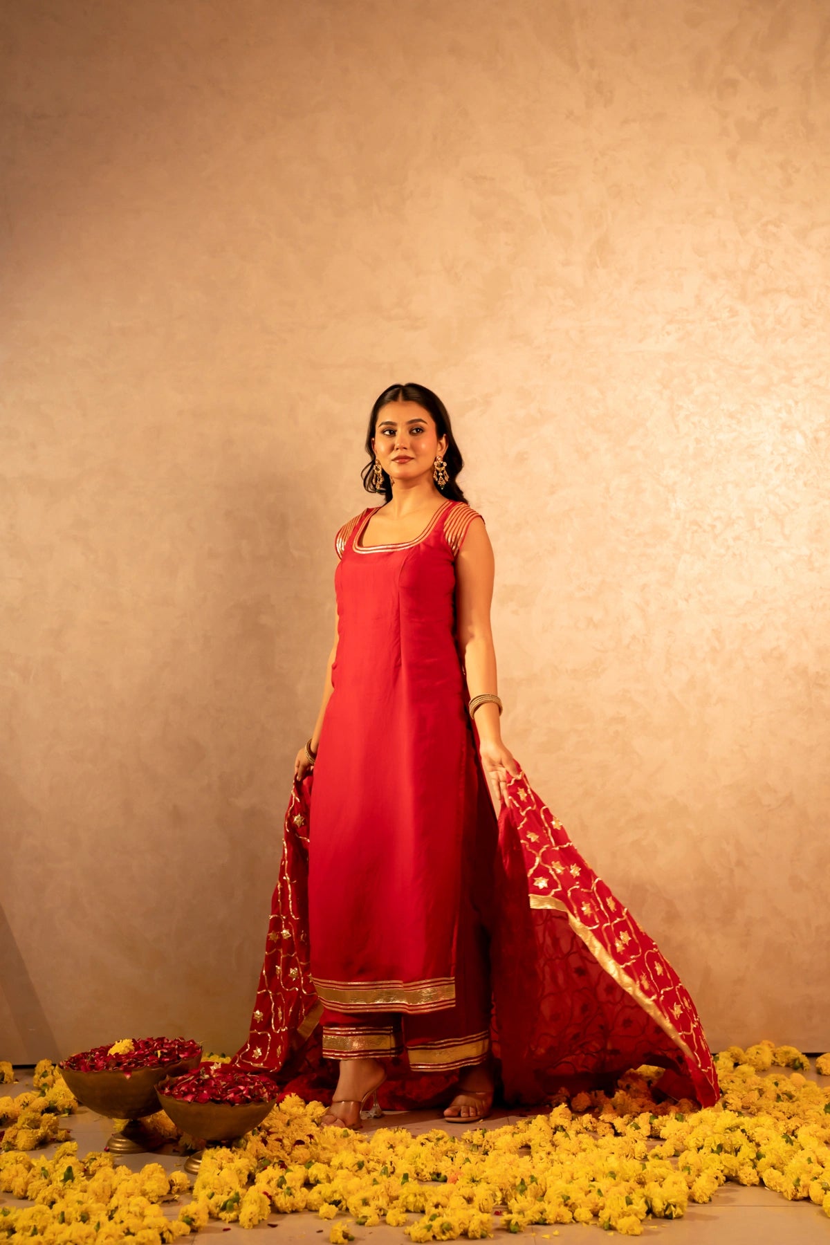 GOTTA BAZAR RANI LAAL ORGANZA GOTA PATTI STRAIGHT SUIT SET WITH JAAL DUPATTA