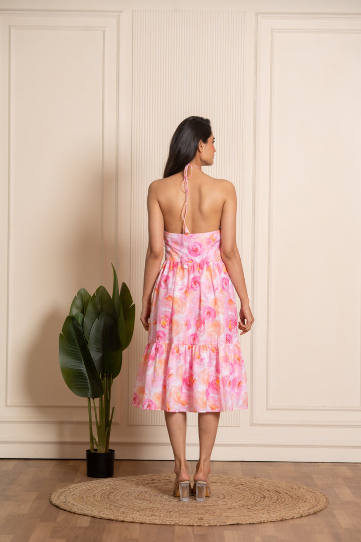 SUKOON ROSY PINK CREPE SUMMER TIERED DRESS