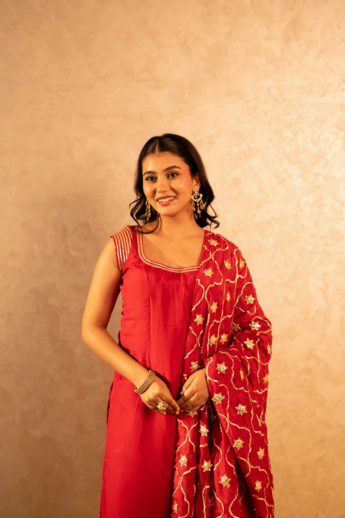 GOTTA BAZAR RANI LAAL ORGANZA GOTA PATTI STRAIGHT SUIT SET WITH JAAL DUPATTA