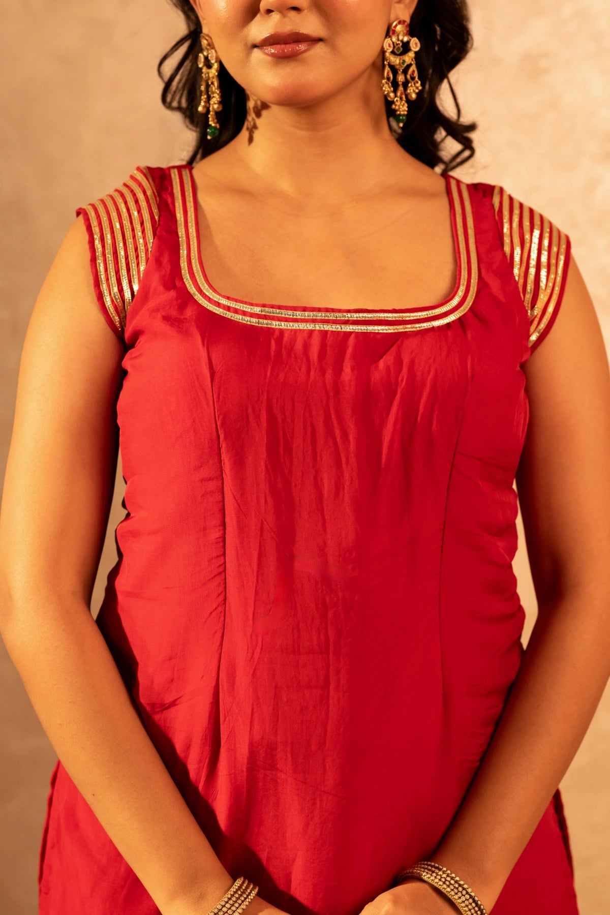 GOTTA BAZAR RANI LAAL ORGANZA GOTA PATTI STRAIGHT SUIT SET WITH JAAL DUPATTA