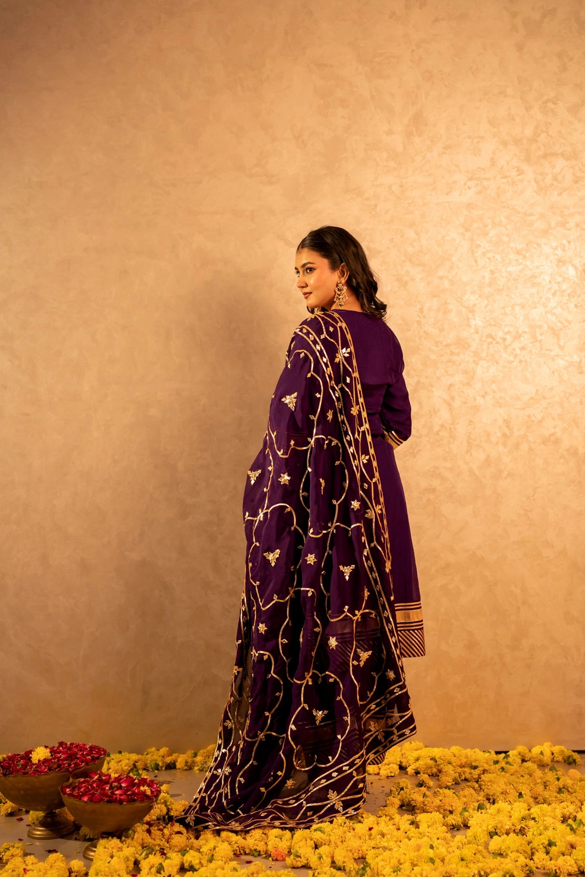 GOTTA BAZAR BAIGANI  ORGANZA GOTA JAAL SUIT SET