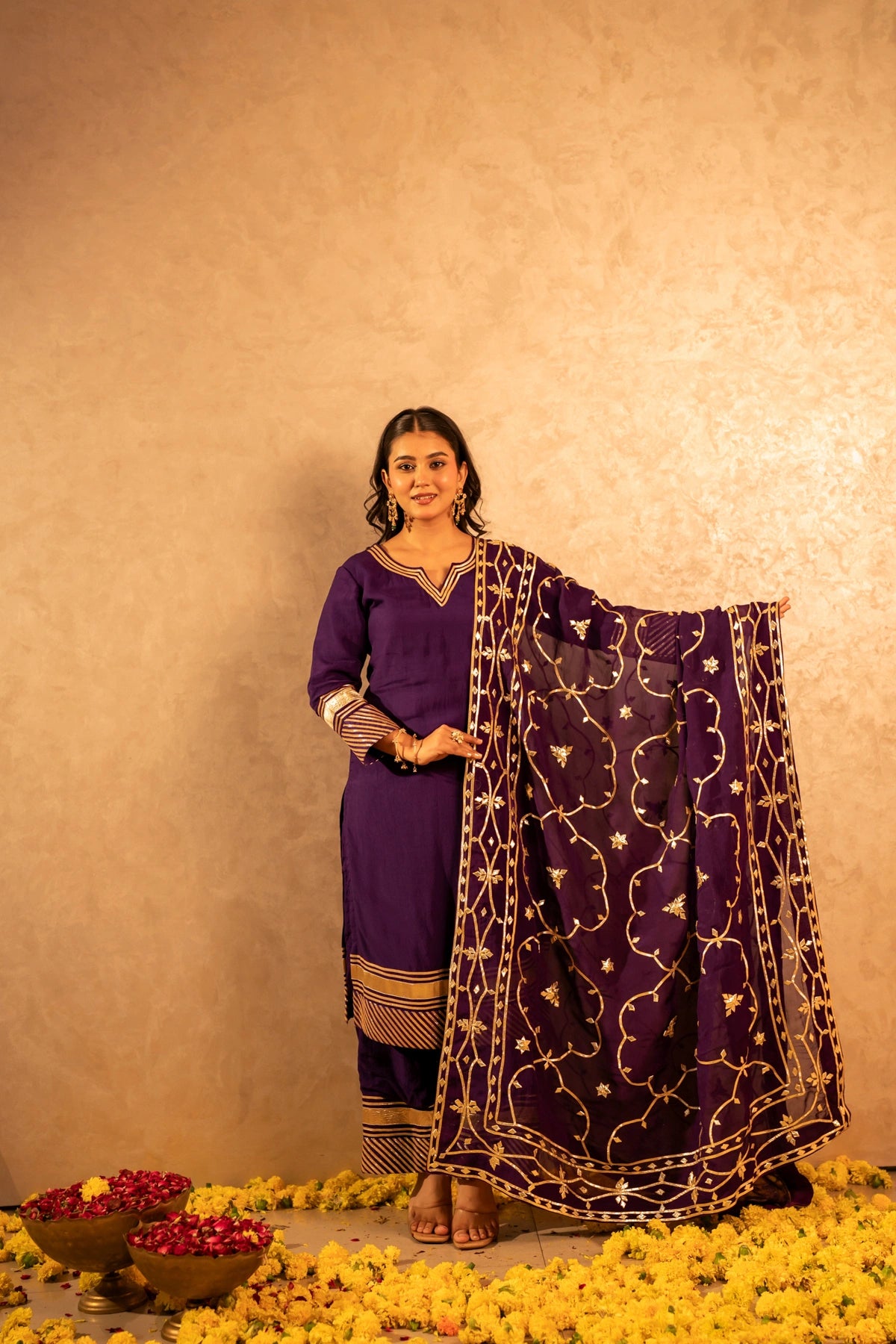 GOTTA BAZAR BAIGANI  ORGANZA GOTA JAAL SUIT SET