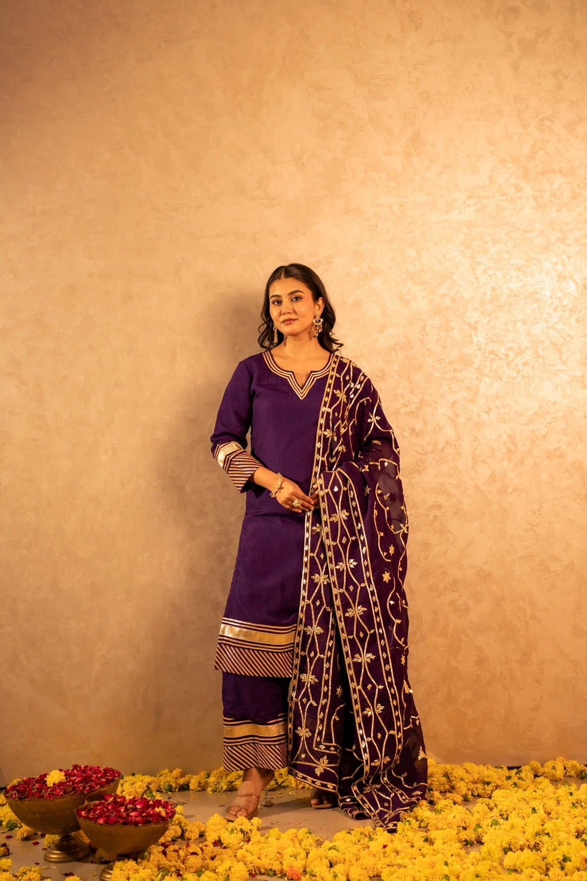 GOTTA BAZAR BAIGANI  ORGANZA GOTA JAAL SUIT SET