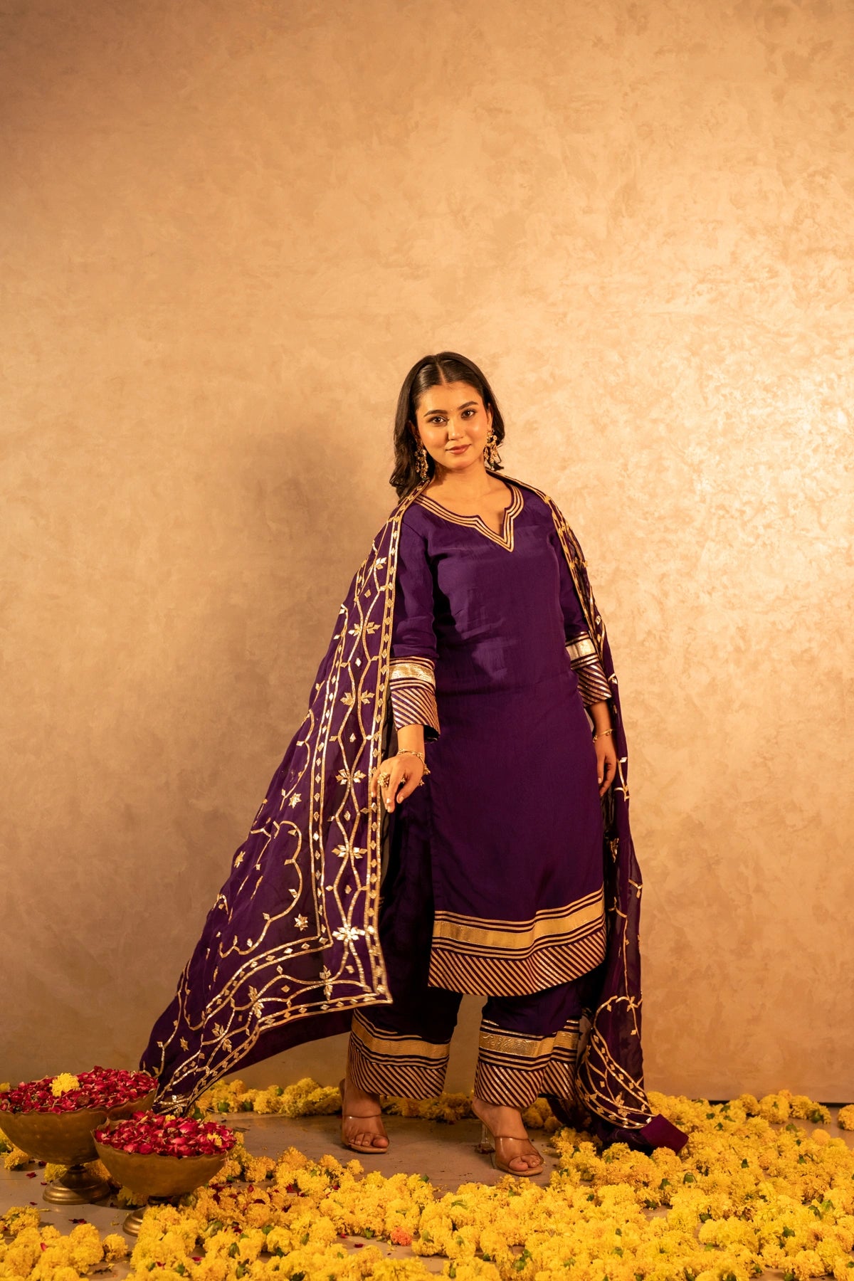 GOTTA BAZAR BAIGANI  ORGANZA GOTA JAAL SUIT SET