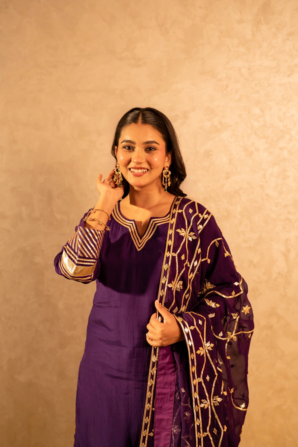 GOTTA BAZAR BAIGANI  ORGANZA GOTA JAAL SUIT SET