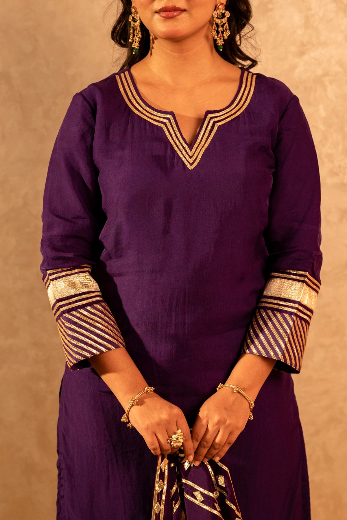 GOTTA BAZAR BAIGANI  ORGANZA GOTA JAAL SUIT SET