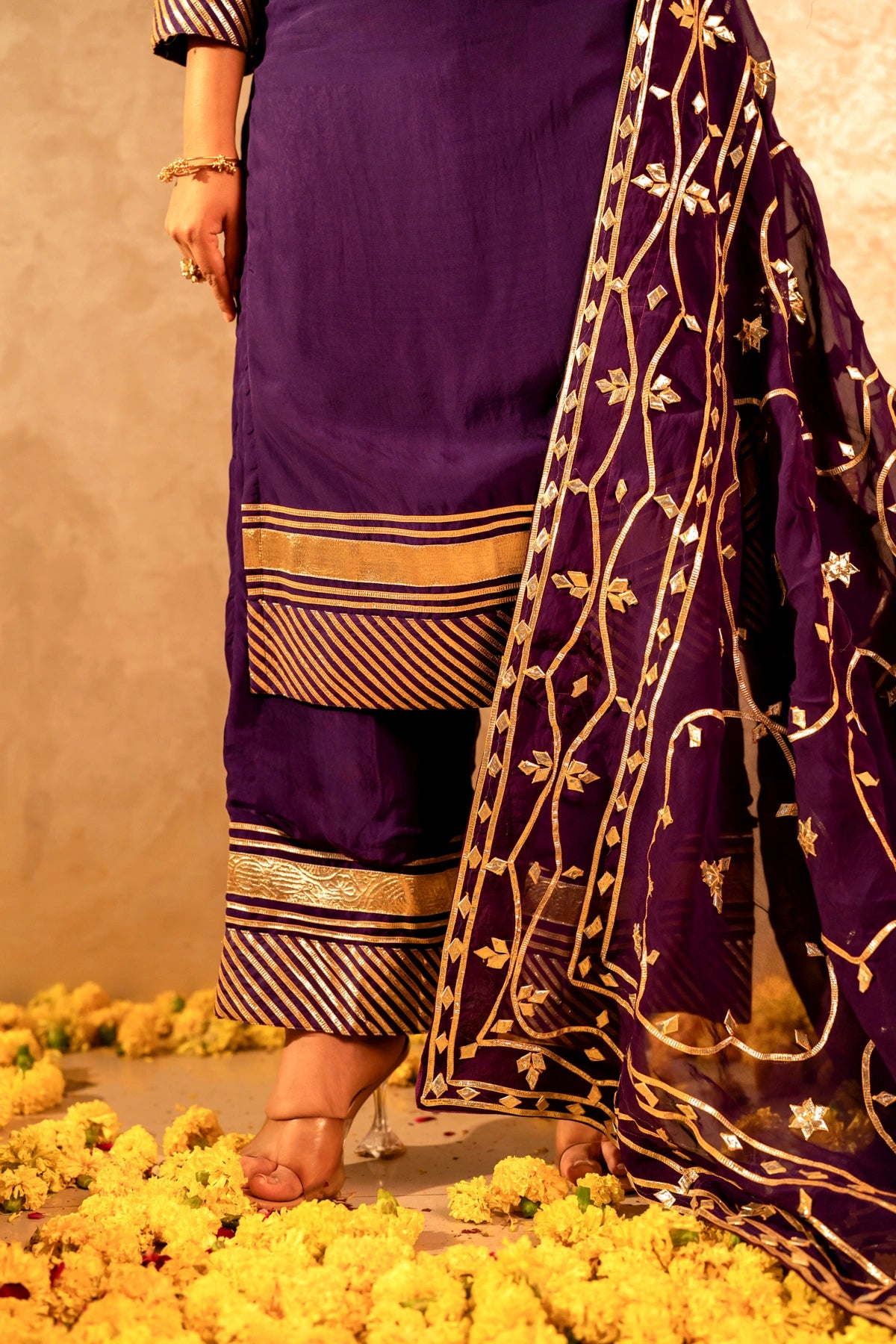 GOTTA BAZAR BAIGANI  ORGANZA GOTA JAAL SUIT SET