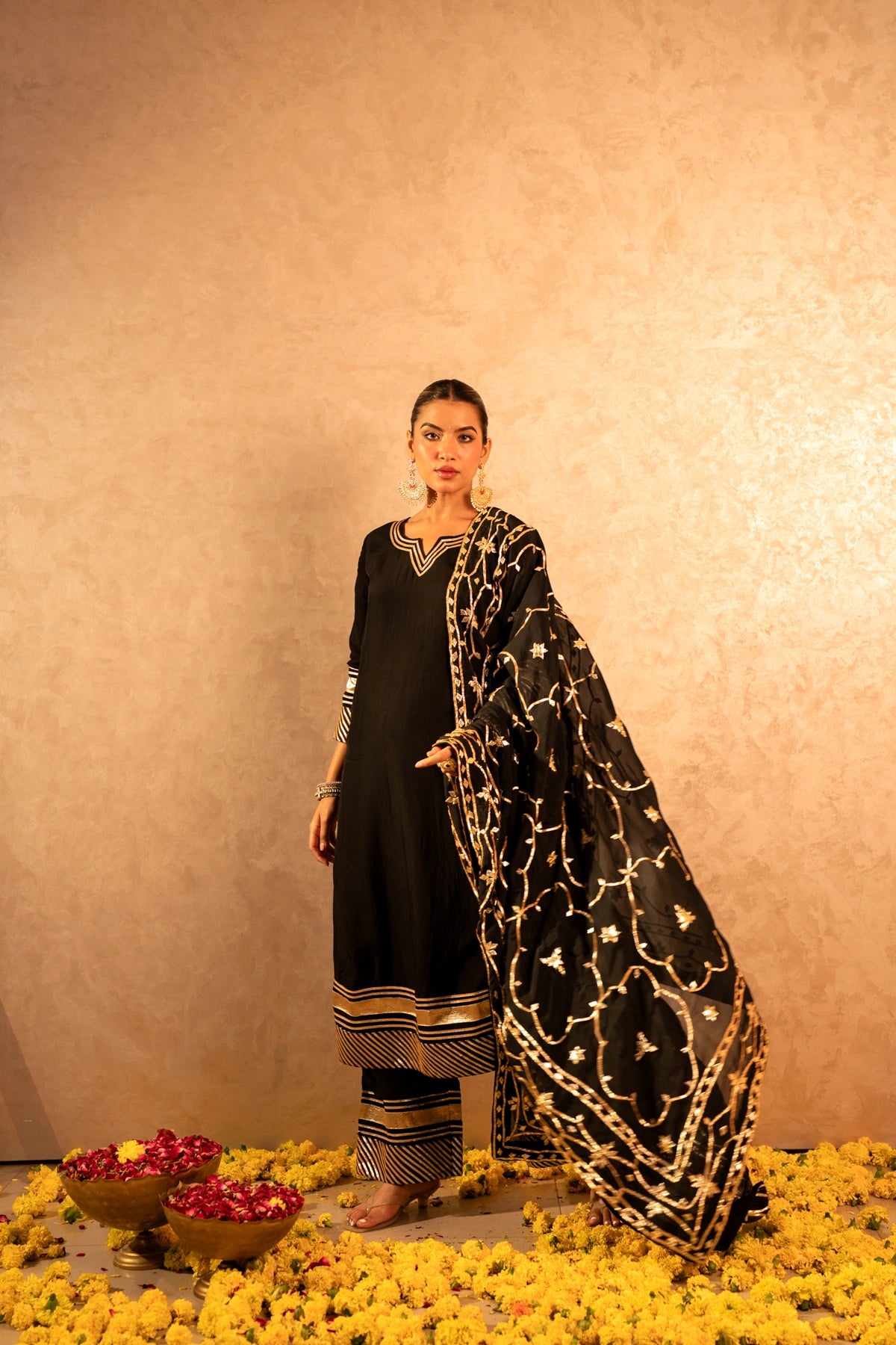 GOTTA BAZAR SURMAI BLACK GOTA JAAL ORGANZA SUIT SET WITH JAAL DUPATTA
