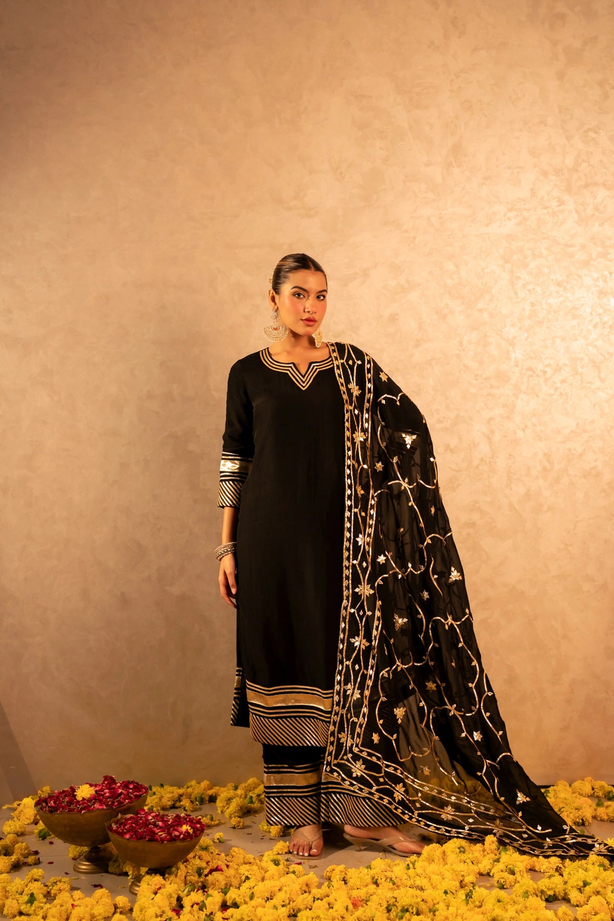 GOTTA BAZAR SURMAI BLACK GOTA JAAL ORGANZA SUIT SET WITH JAAL DUPATTA