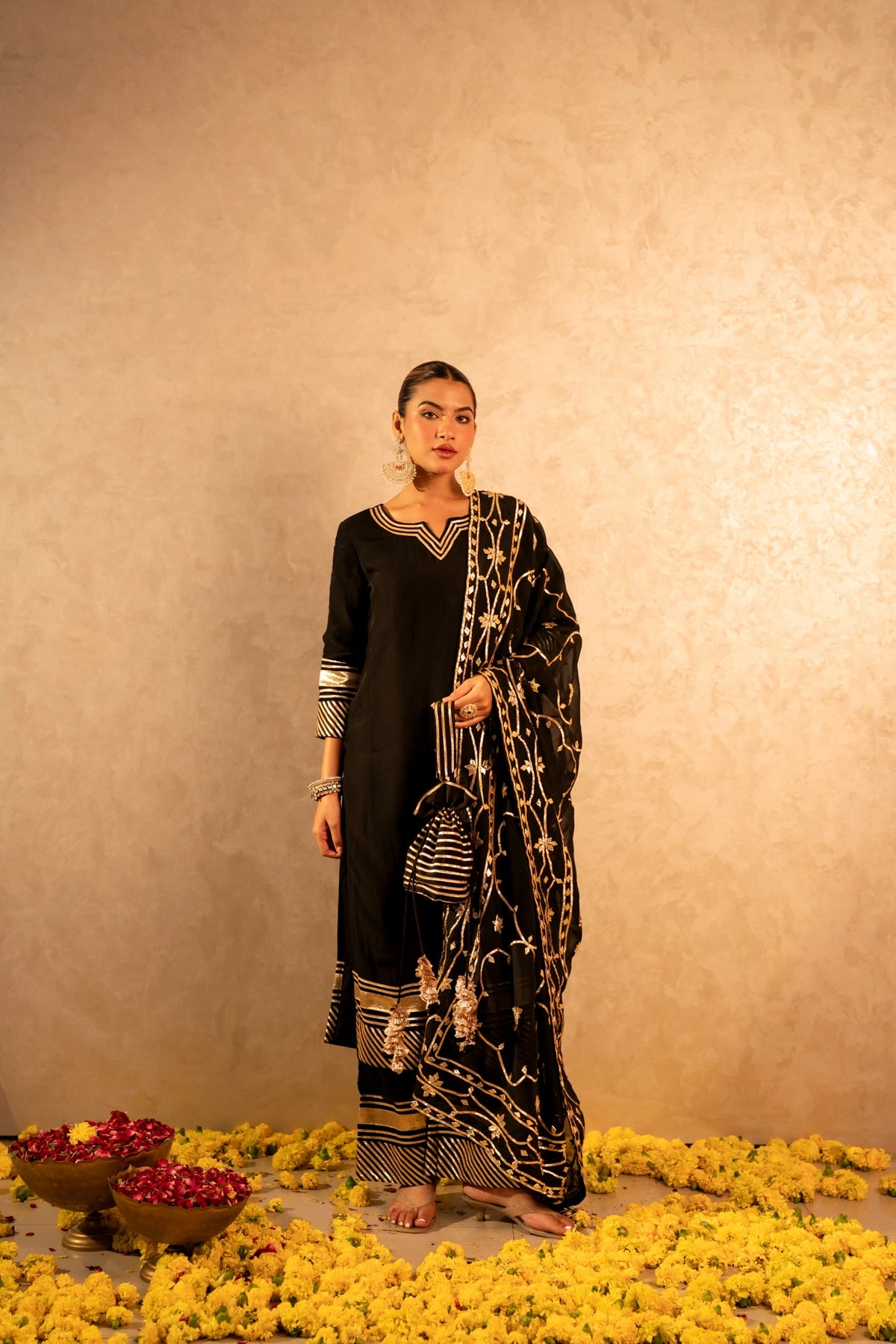 GOTTA BAZAR SURMAI BLACK GOTA JAAL ORGANZA SUIT SET WITH JAAL DUPATTA