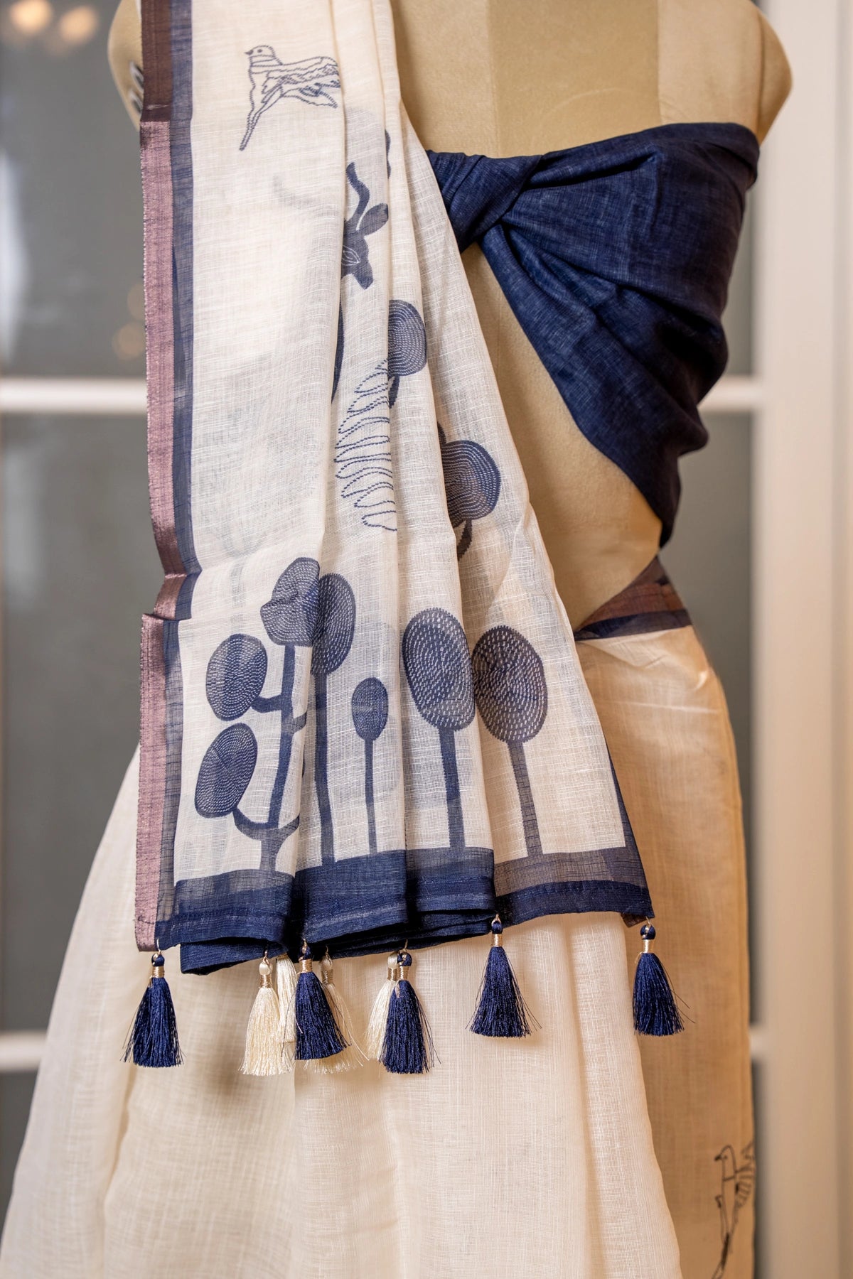 SOOT RAAG LINEN SAFED NEEL HAND BLOCK PRINT SAREE WITH BLOUSE PIECE