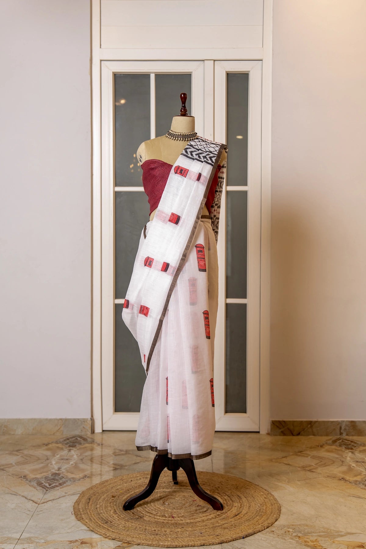 SOOT RAAG WHITE LINEN HAND BLOCK PRINT SAREE WITH BLOUSE PIECE