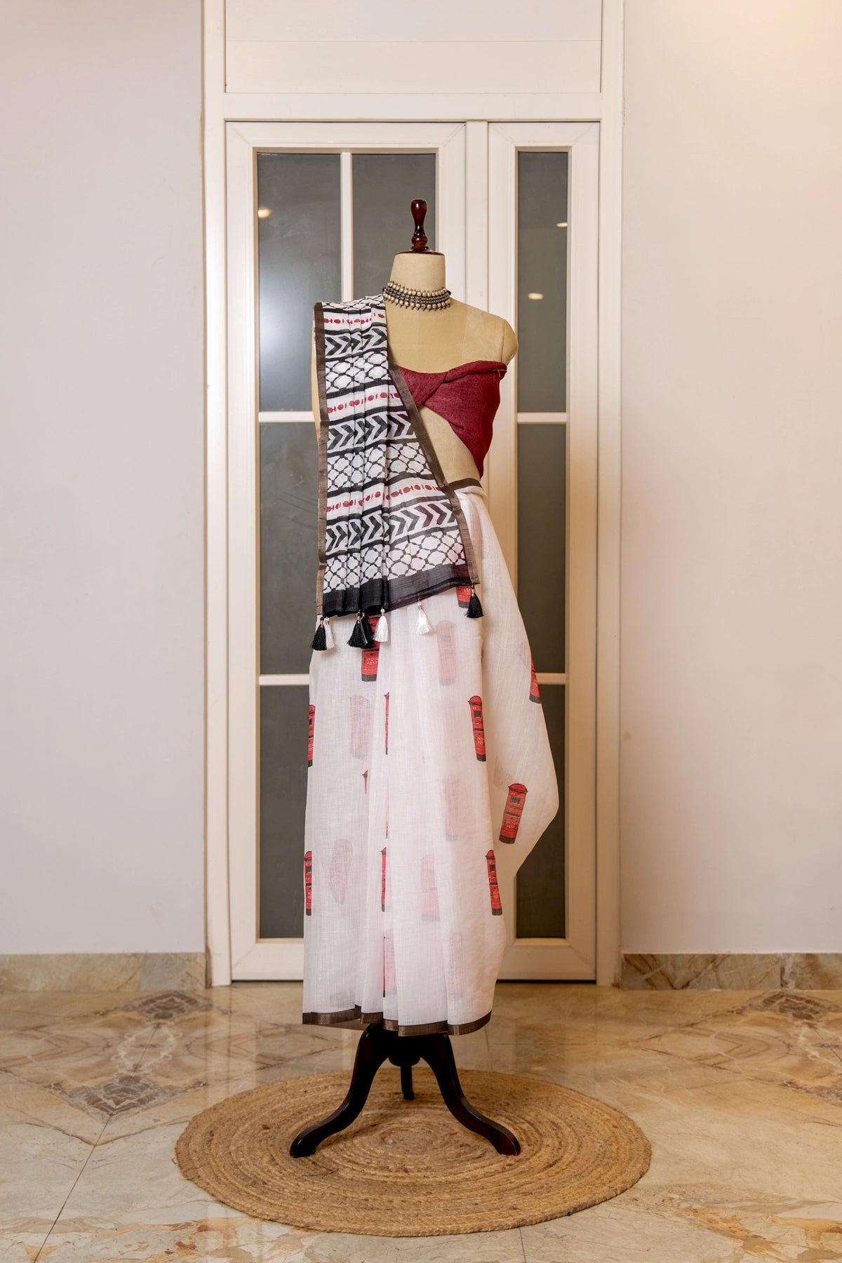 SOOT RAAG WHITE LINEN HAND BLOCK PRINT SAREE WITH BLOUSE PIECE