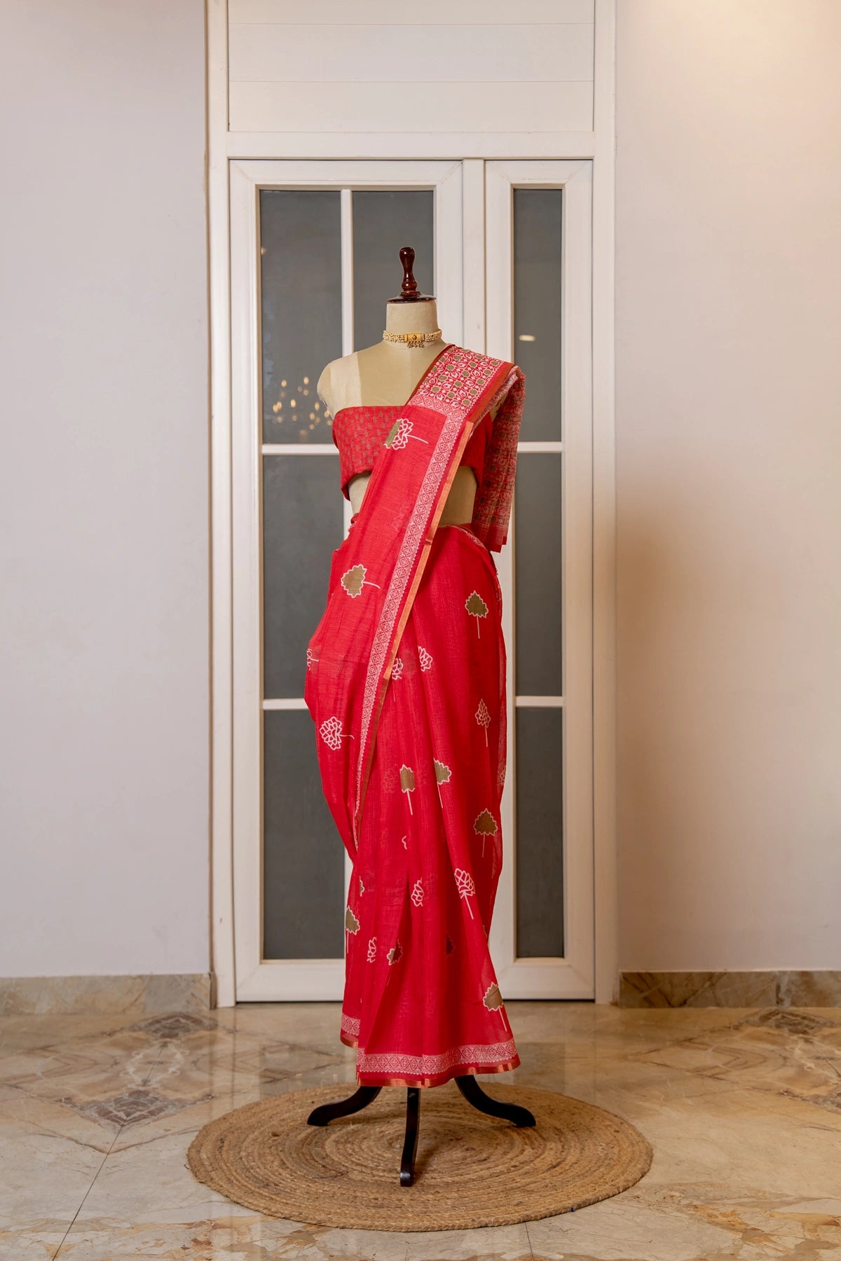 SOOT RAAG RED COTTON HAND BLOCK PRINT SAREE WITH BLOUSE PIECE