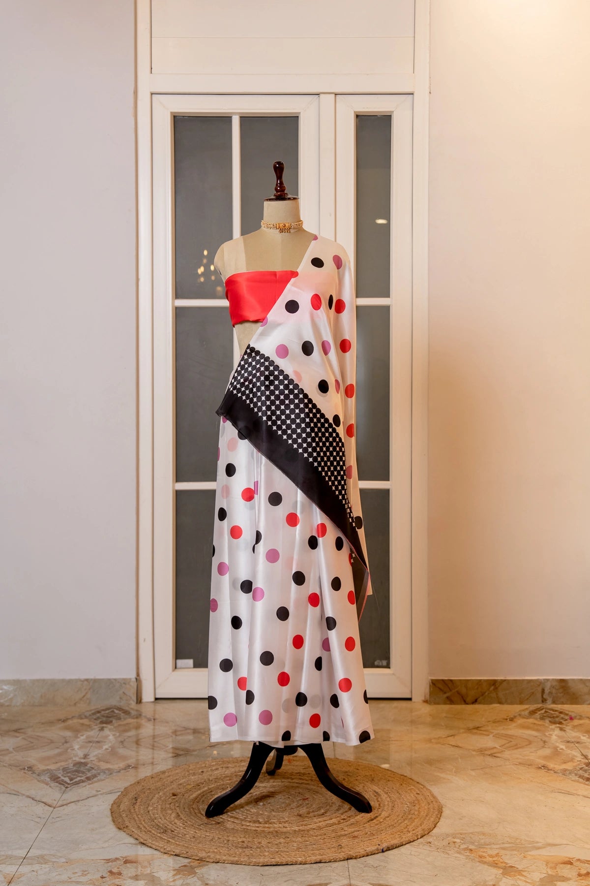 SOOT RAAG BLACK SATIN SILK POLKA DOT SAREE WITH BLOUSE PIECE