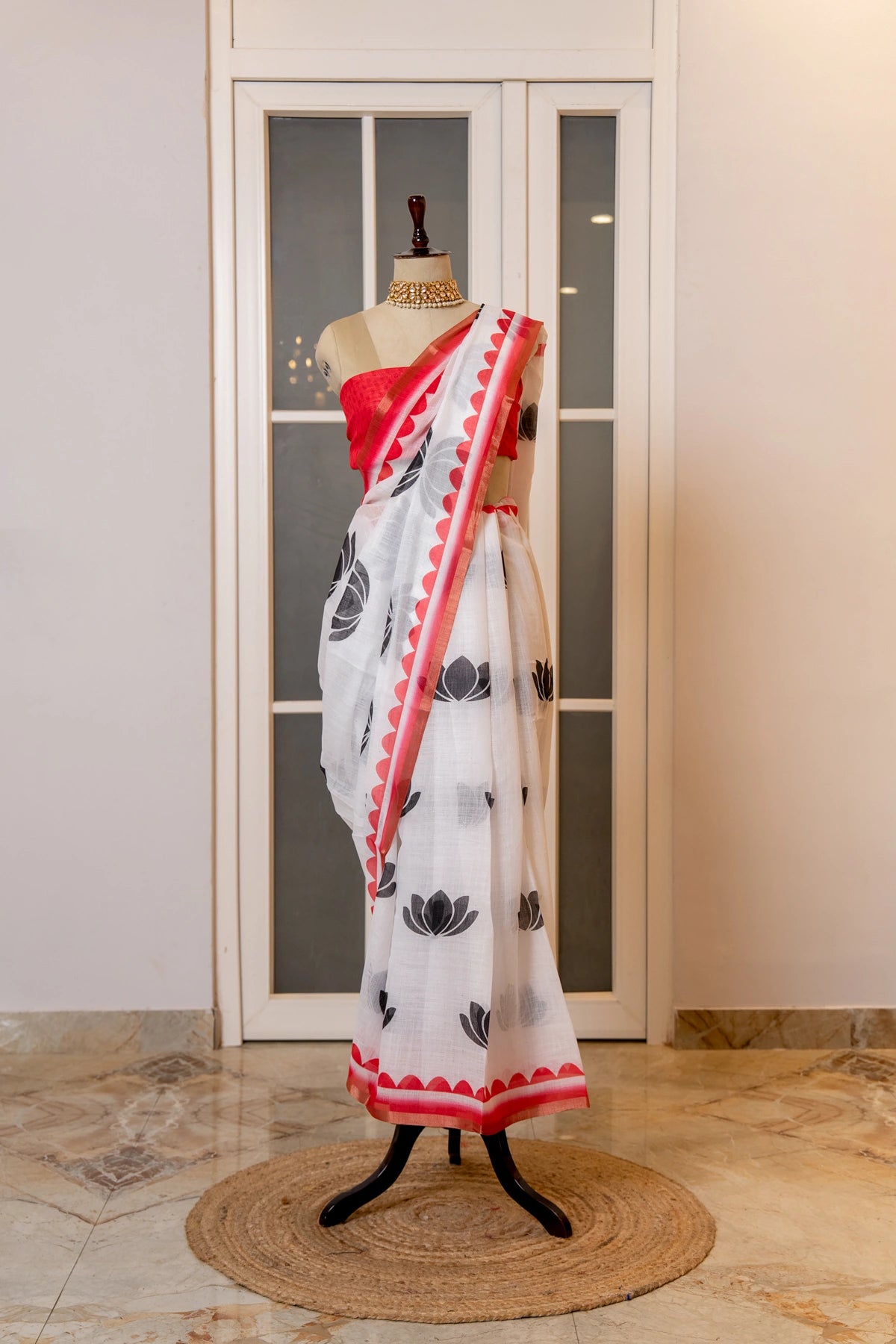 SOOT RAAG WHITE LINEN LOTUS HAND BLOCK PRINT SAREE WITH BLOUSE PIECE