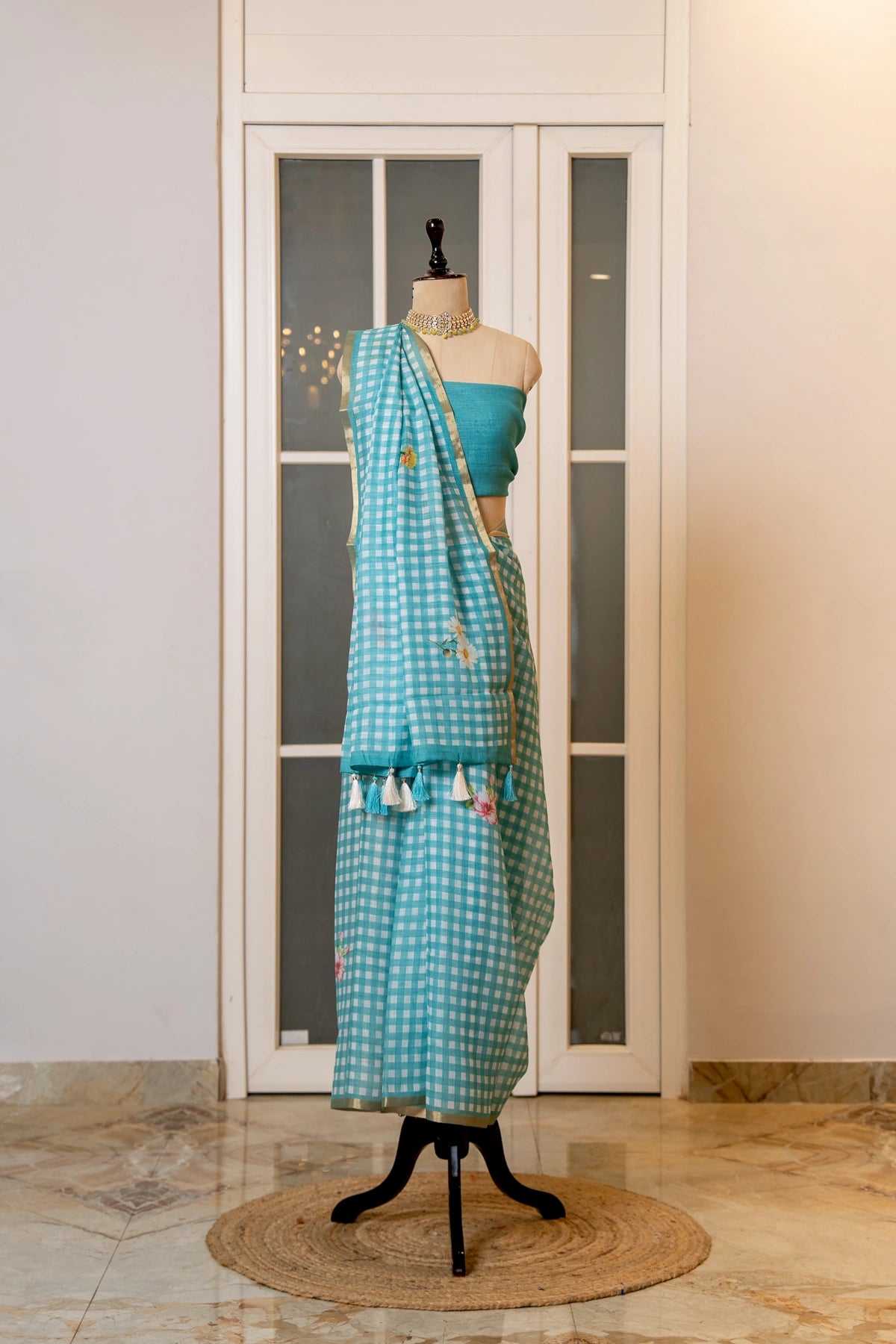 SOOT RAAG BLUE CHECKERED LINEN SAREE WITH BLOUSE PIECE