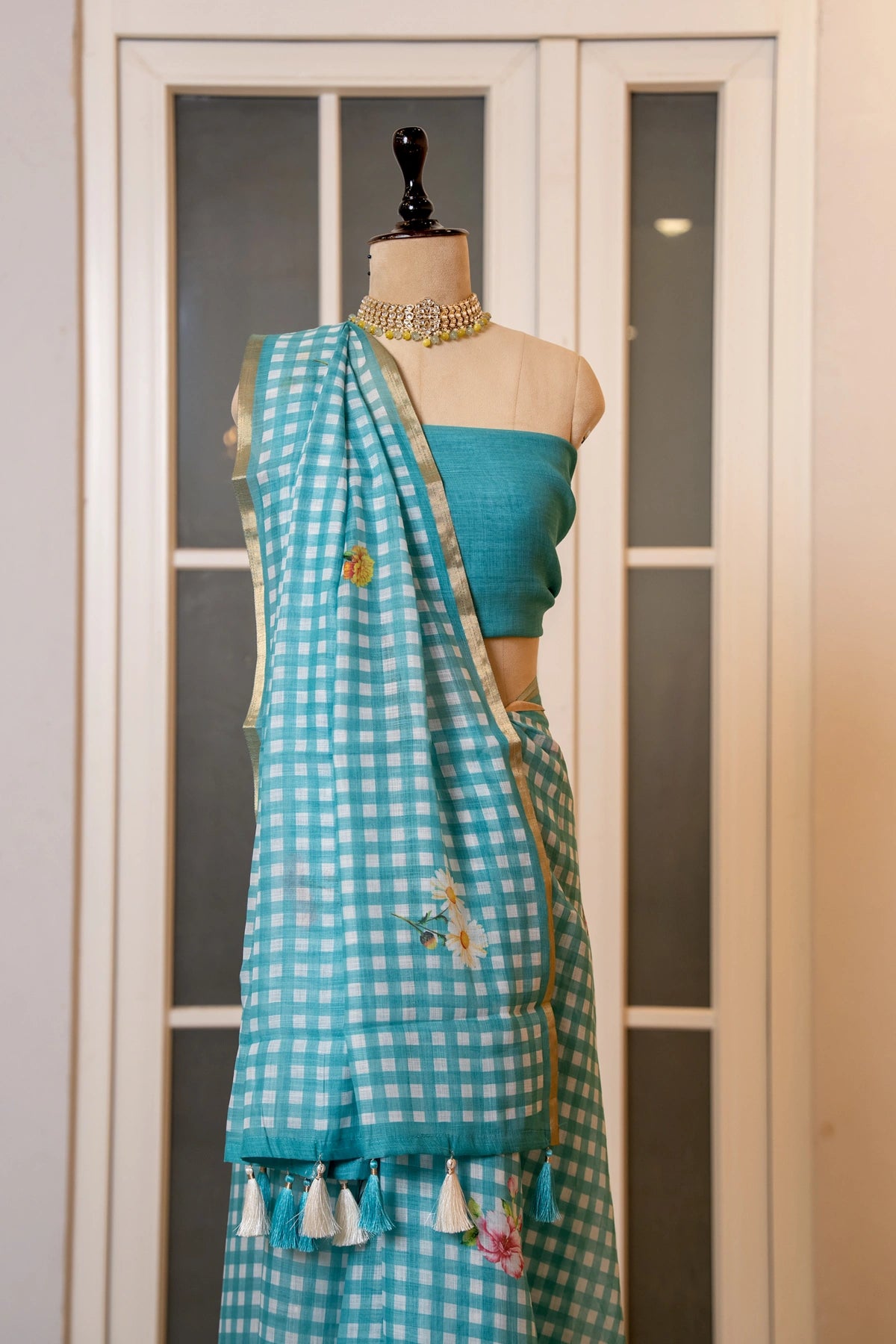 SOOT RAAG BLUE CHECKERED LINEN SAREE WITH BLOUSE PIECE