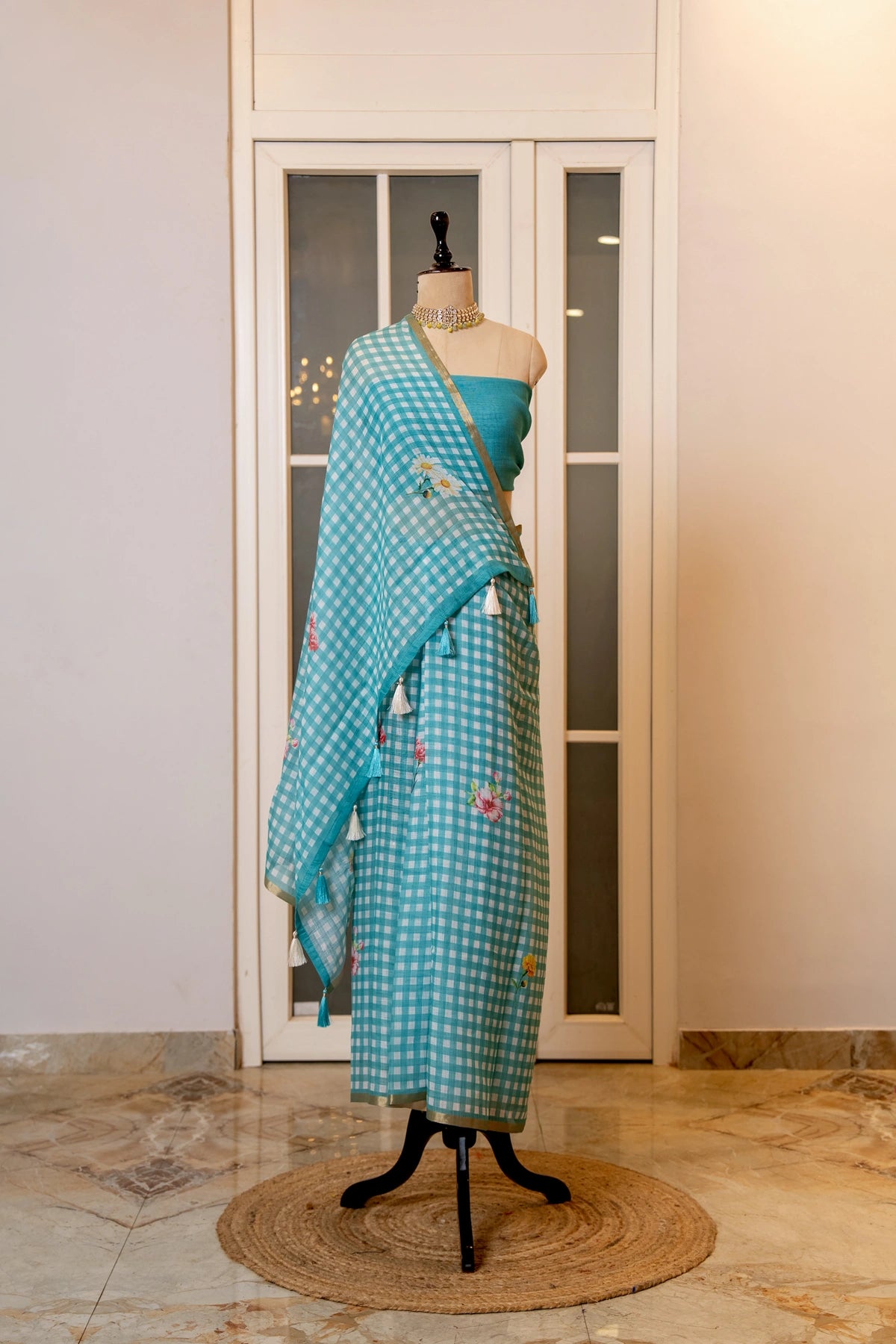 SOOT RAAG BLUE CHECKERED LINEN SAREE WITH BLOUSE PIECE