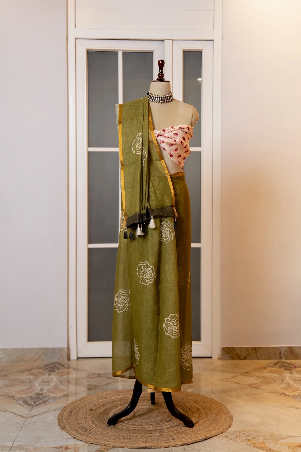SOOT RAAG GREEN COTTON HAND BLOCK PRINT SAREE