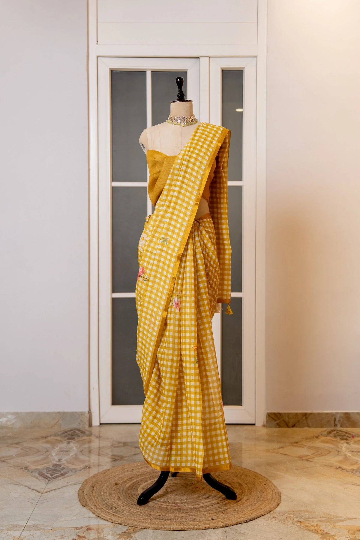 SOOT RAAG YELLOW LINEN CHECKERED SAREE WITH BLOUSE PIECE