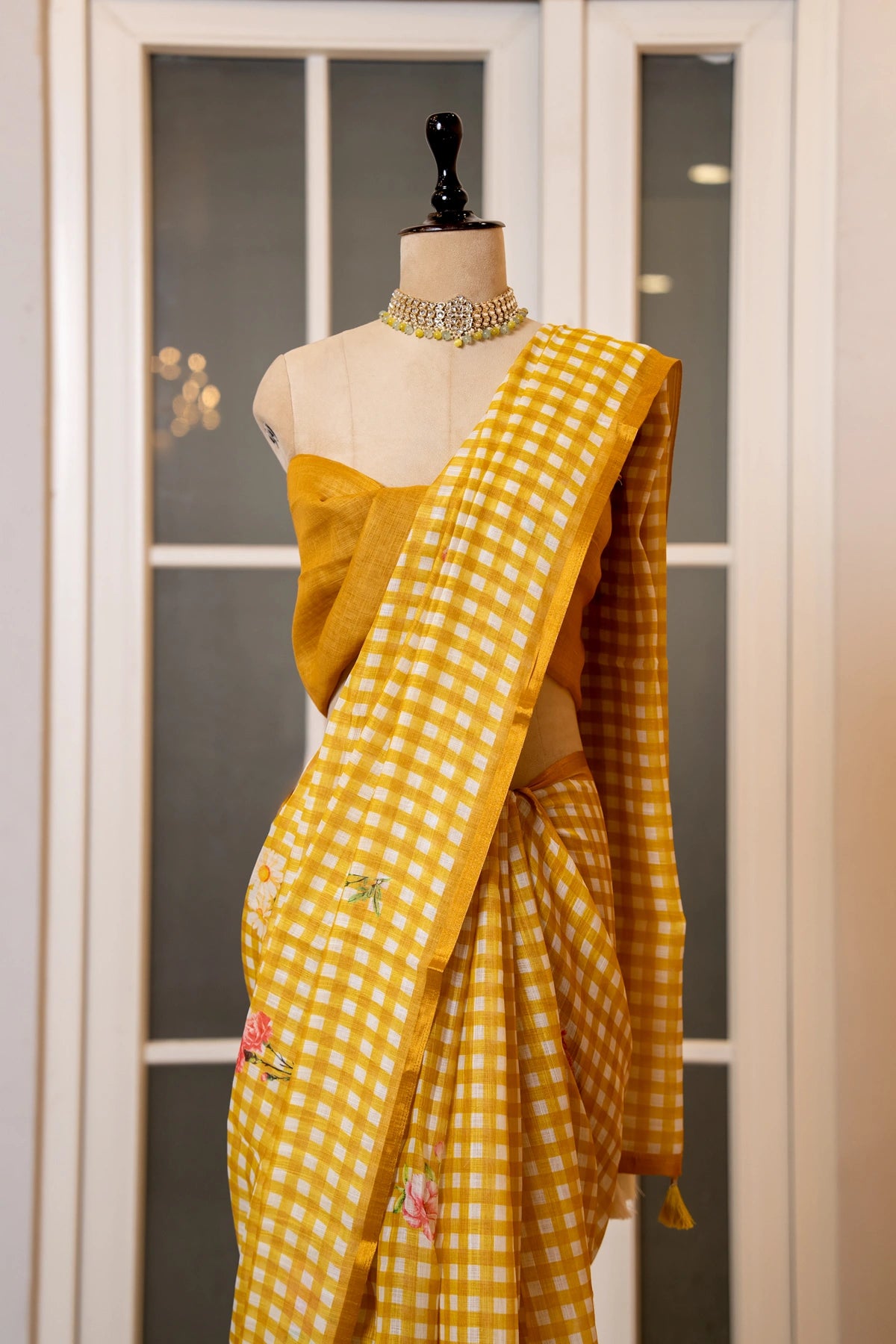 SOOT RAAG YELLOW LINEN CHECKERED SAREE WITH BLOUSE PIECE