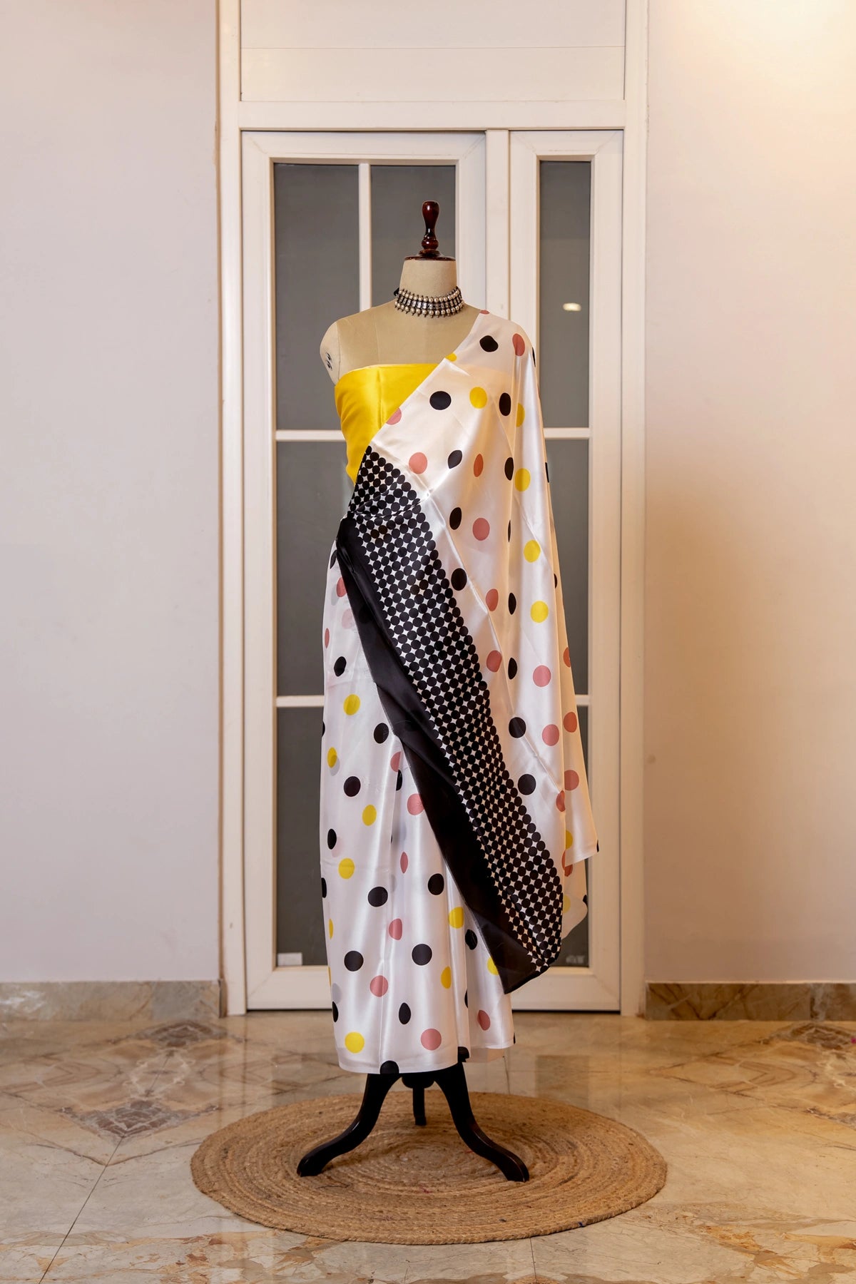 SOOT RAAG PEELA POLKA DOT SATIN SILK SAREE WITH BLOUSE PIECE