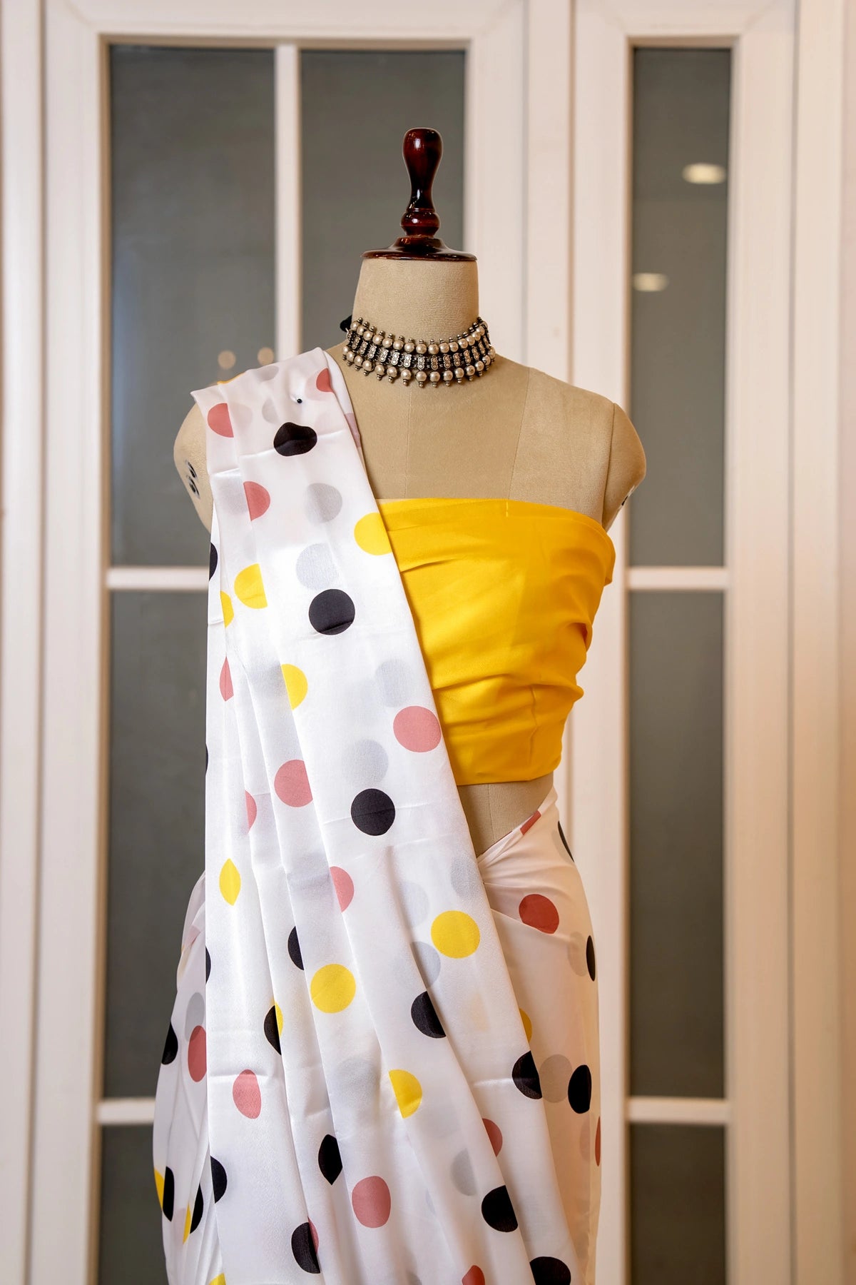 SOOT RAAG PEELA POLKA DOT SATIN SILK SAREE WITH BLOUSE PIECE