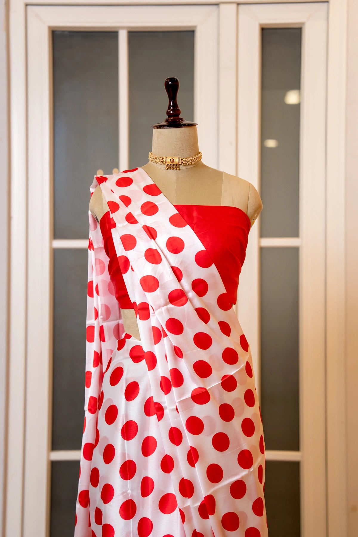 SOOT RAAG RED POLKA DOT SATIN SILK SAREE WITH BLOUSE PIECE