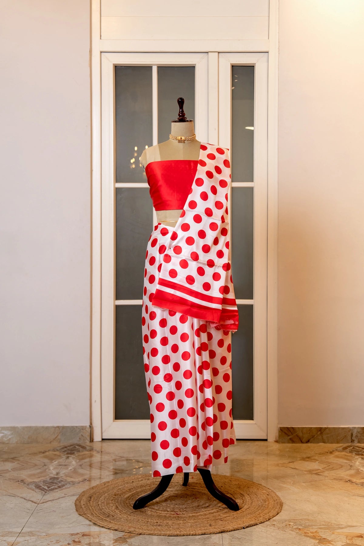 SOOT RAAG RED POLKA DOT SATIN SILK SAREE WITH BLOUSE PIECE