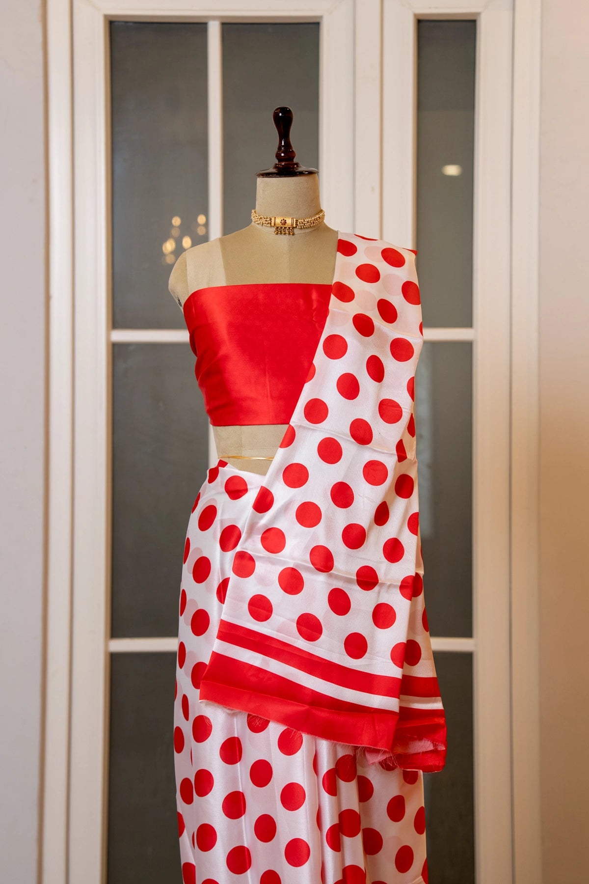 SOOT RAAG RED POLKA DOT SATIN SILK SAREE WITH BLOUSE PIECE