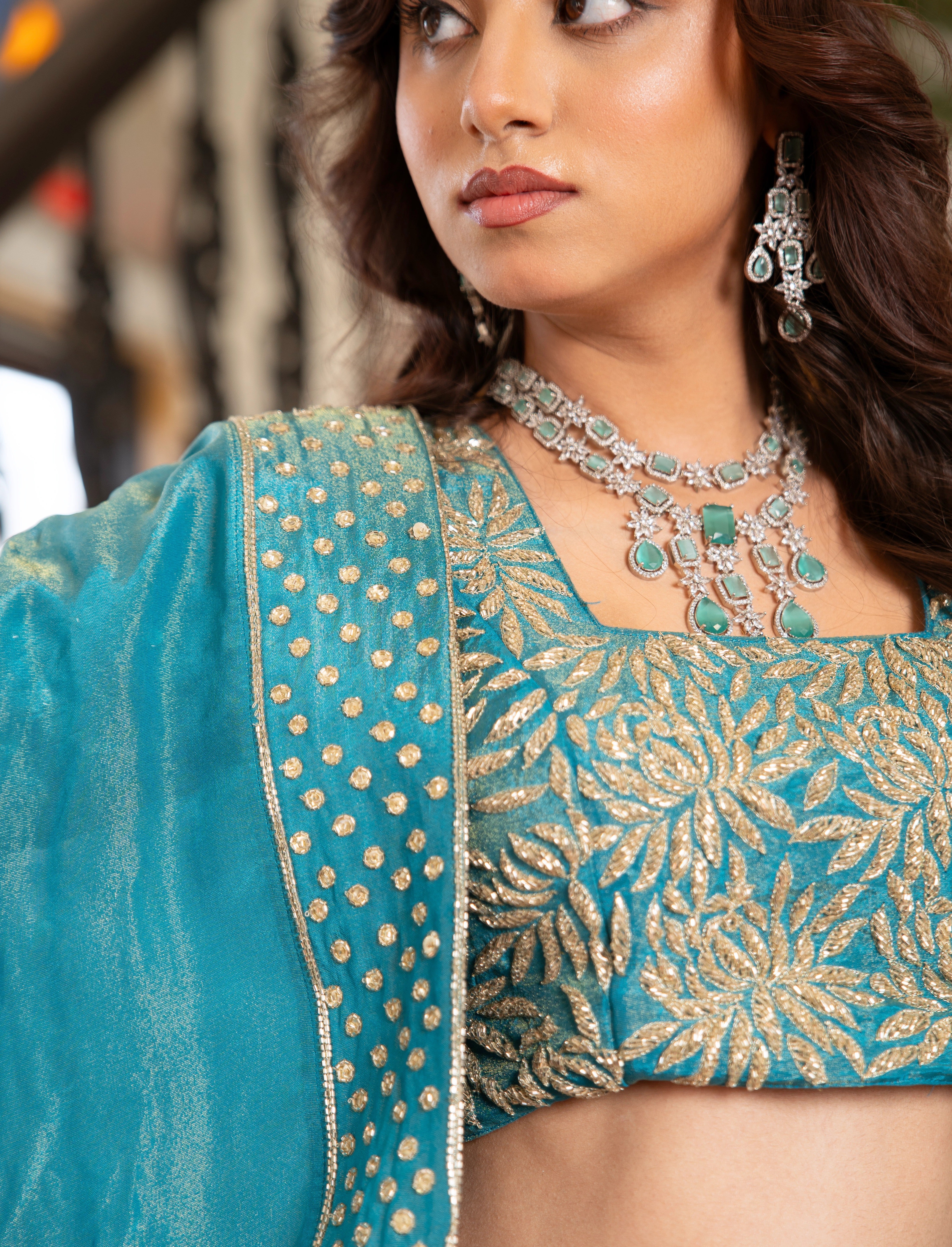 MEHFIL FIROZI MEHAR COSMOS TUBE LIGHT KARIGARI LEHENGA SET WITH DUPATTA
