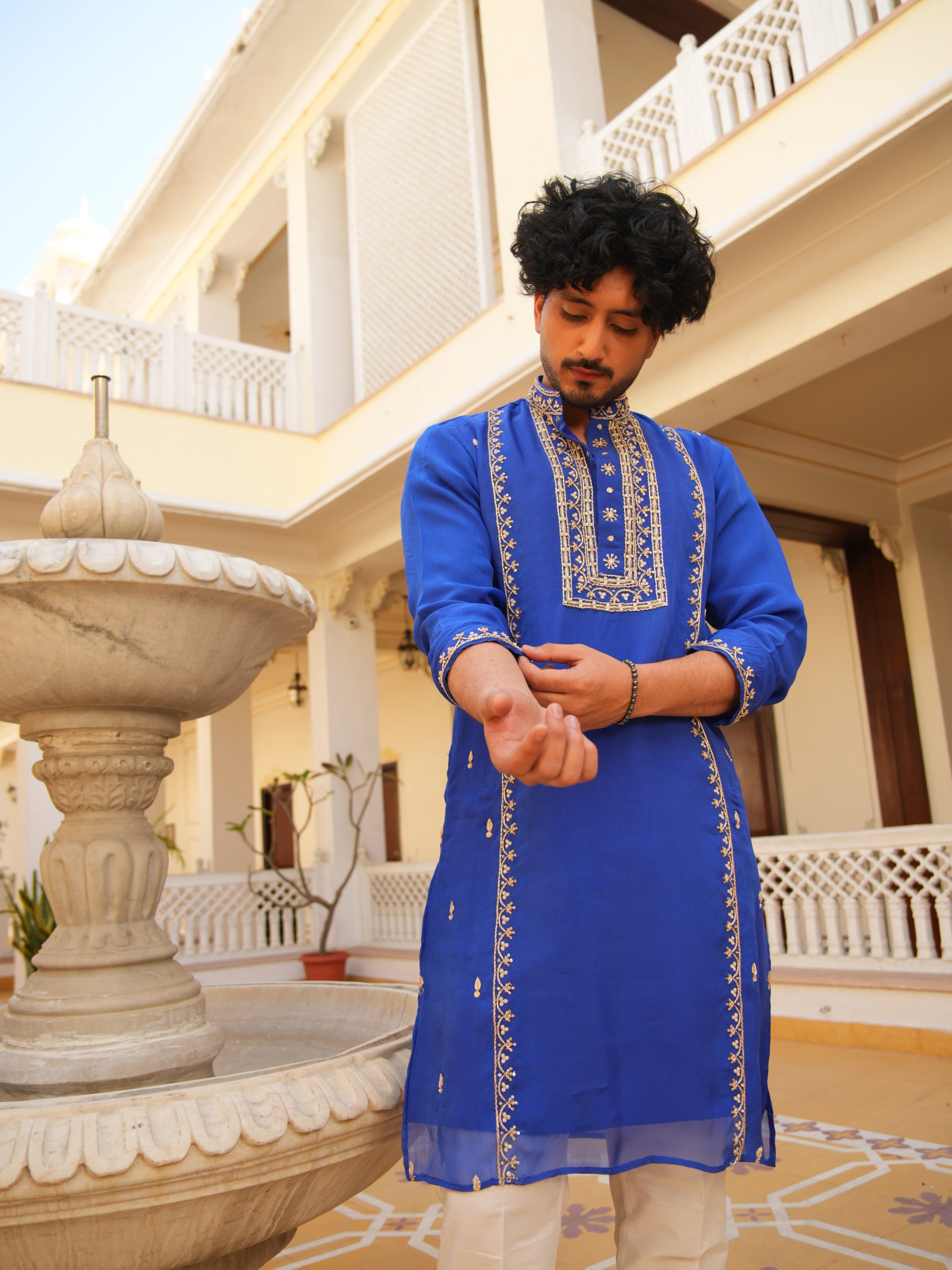 MEN'S LUXE SHAHI NEEL ZARDOZI  HAND EMBROIDERY MEN'S KURTA SET