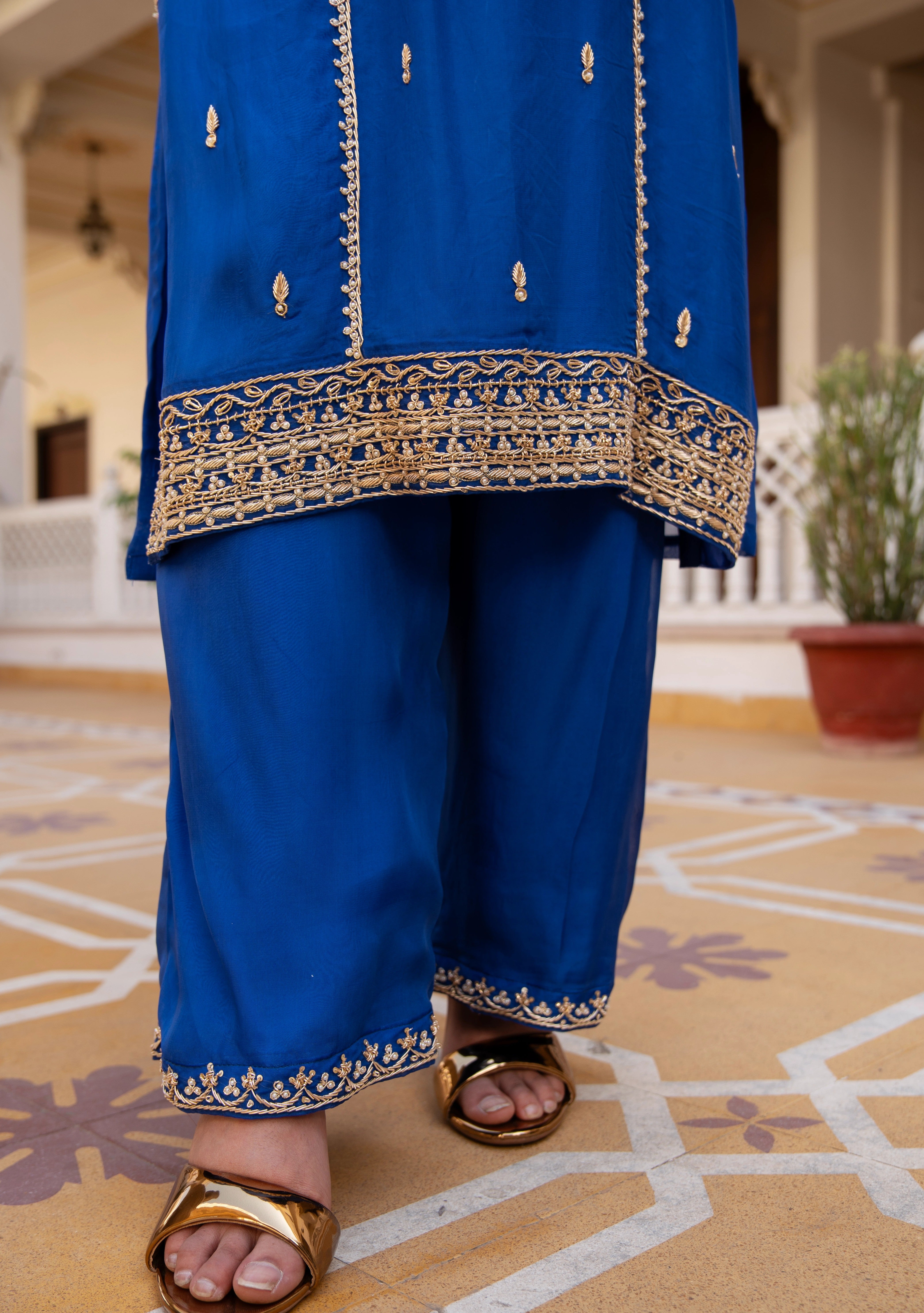 MEHFIL MAYUR BLUE ZARDOZI HAND EMBROIDERY ORGANZA KURTA SET WITH DUPATTA