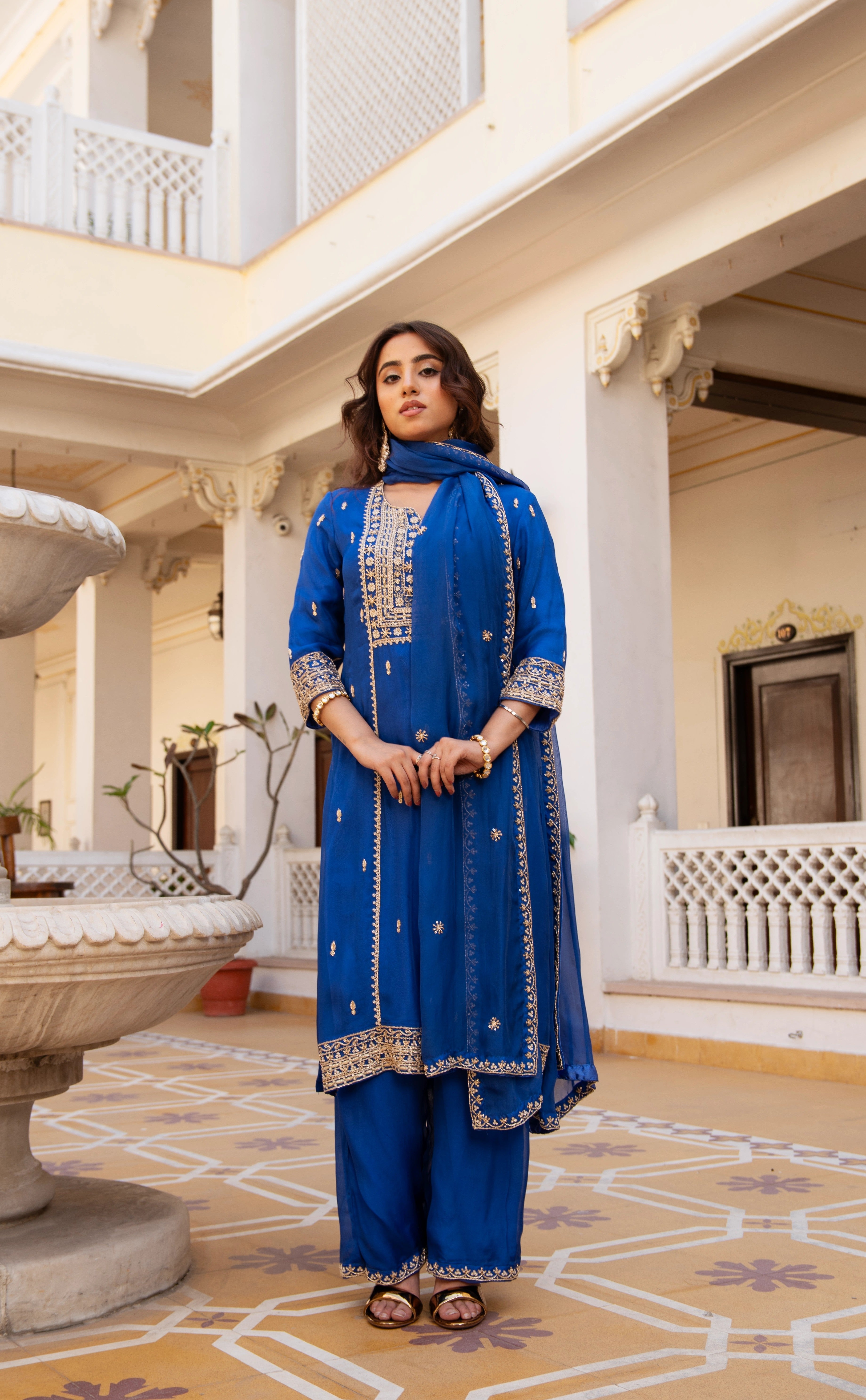 MEHFIL MAYUR BLUE ZARDOZI HAND EMBROIDERY ORGANZA KURTA SET WITH DUPATTA