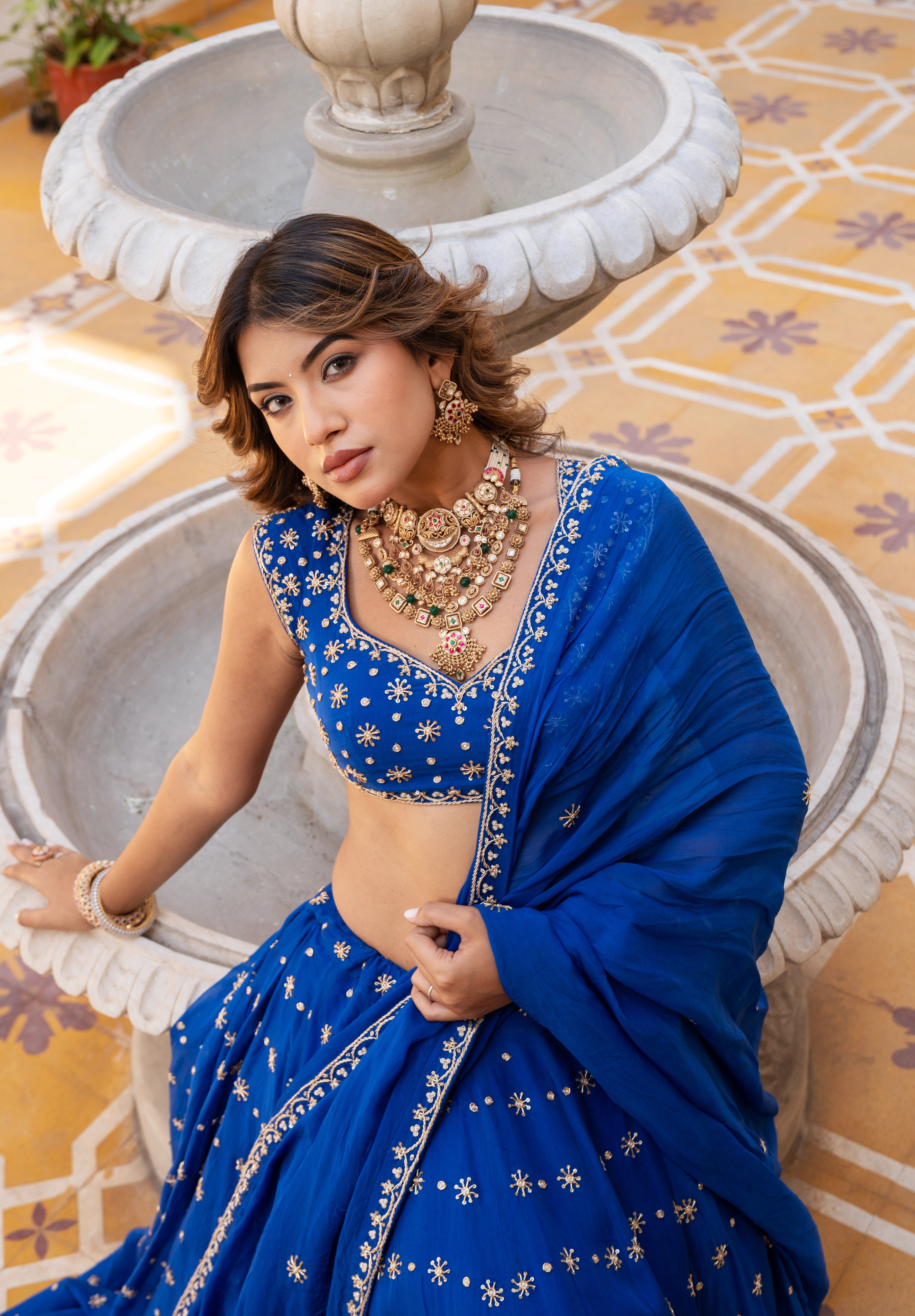 MEHFIL SURMAI NEEL ZARI DABKA  HAND WORK ORGANZA LEHENGA SET WITH DUPATTA