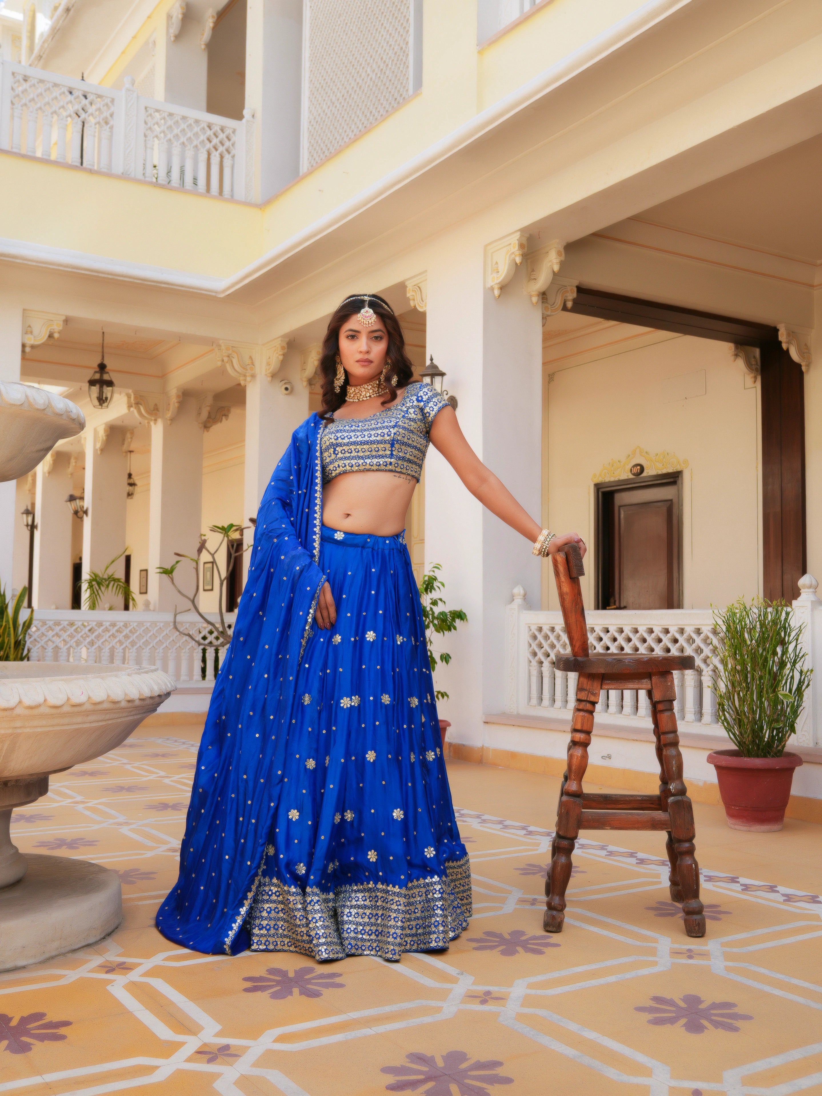 MEHFIL RUHANI NEEL ZARI GOTA PATTI HAND WORK SILK LEHENGA SET WITH DUPATTA