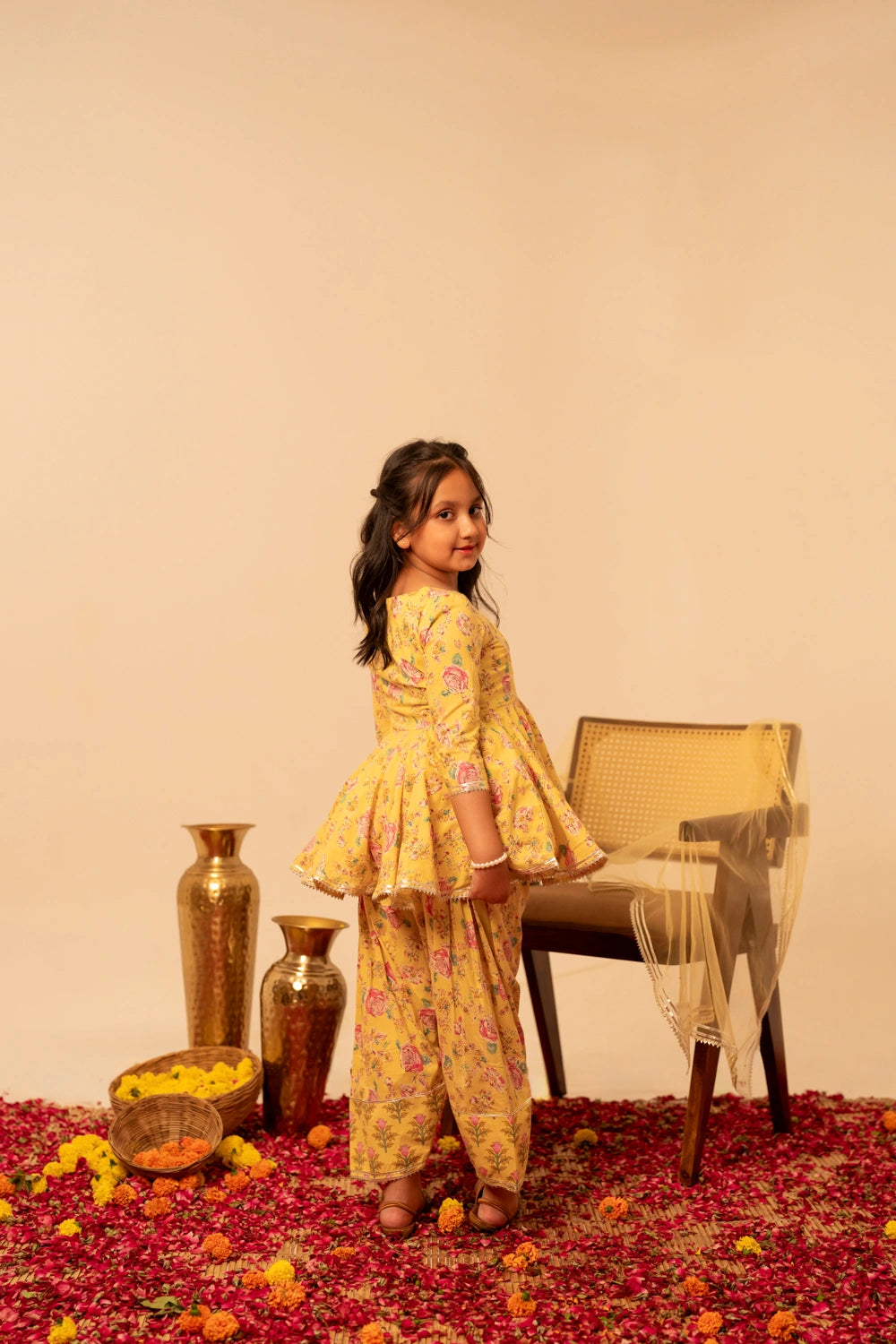 KHILKARI YELLOW SPARKY SHORT ANRARKALI SET WITH SOFT NET DUPATTA