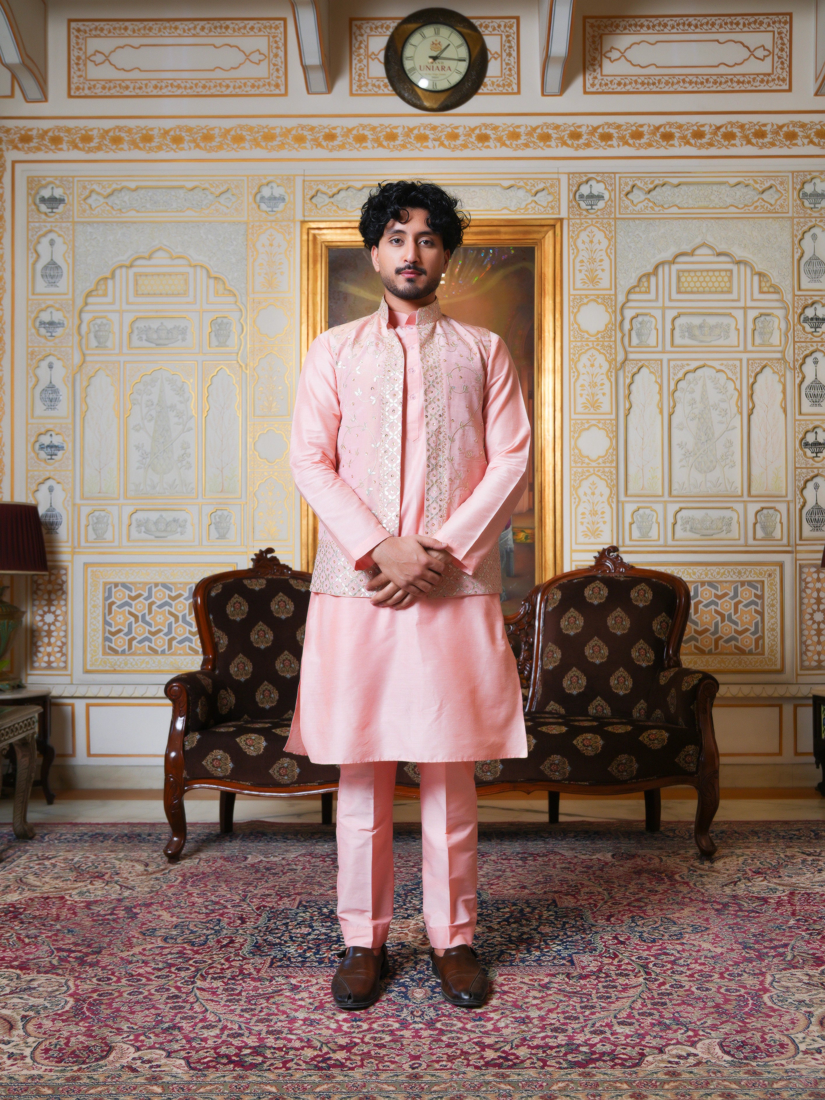 MEN'S LUXE  PEACH SILK KURTA SET WITH ZARDOZI HAND WORK NEHRU JACKET