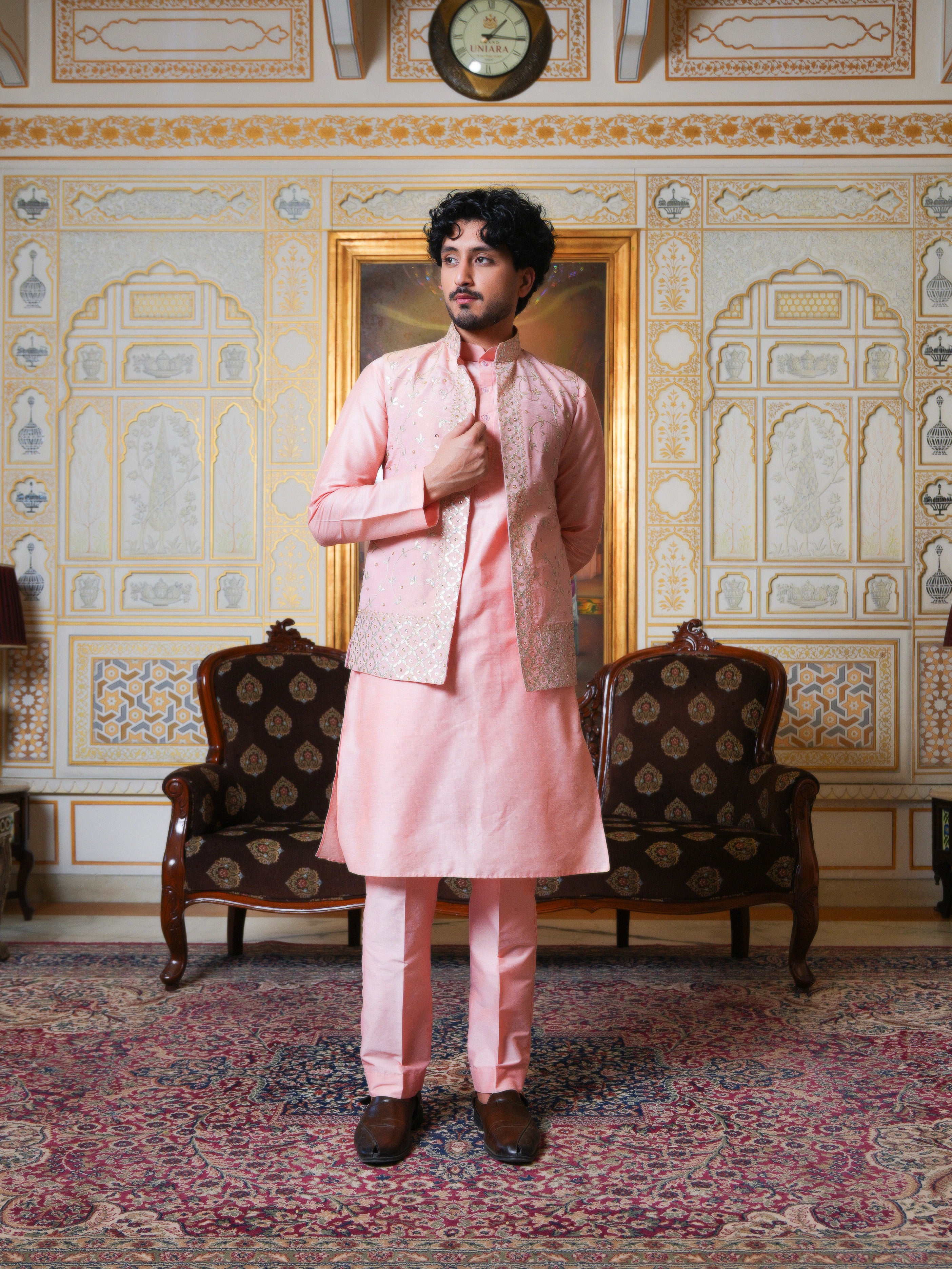 MEN'S LUXE  PEACH SILK KURTA SET WITH ZARDOZI HAND WORK NEHRU JACKET
