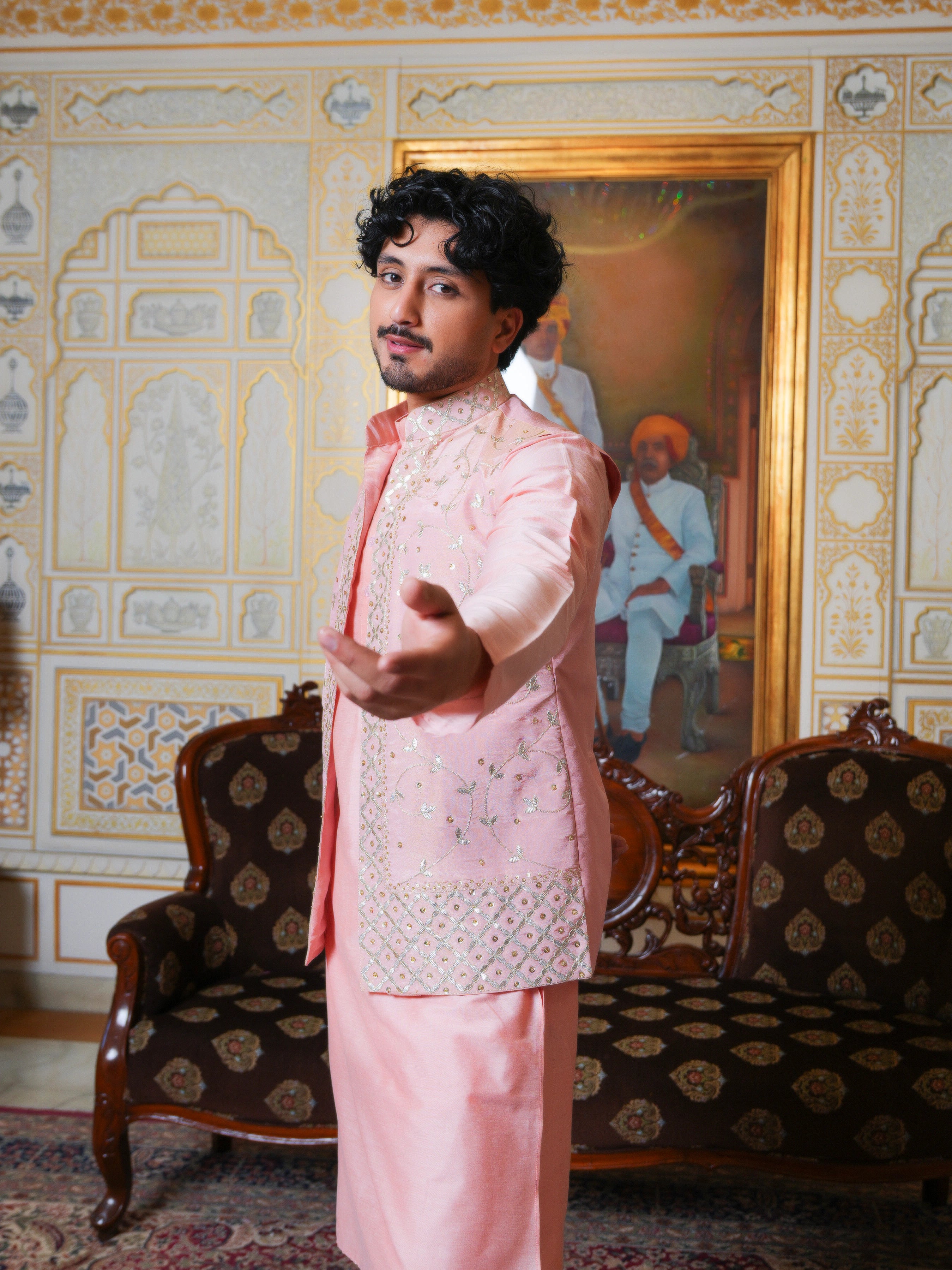 MEN'S LUXE  PEACH SILK KURTA SET WITH ZARDOZI HAND WORK NEHRU JACKET