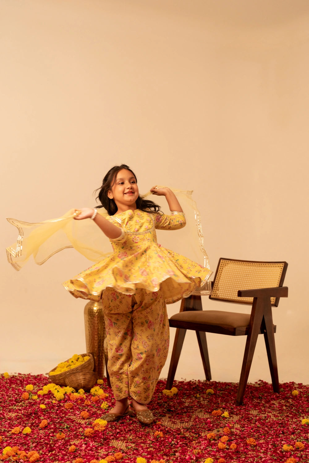 KHILKARI YELLOW SPARKY SHORT ANRARKALI SET WITH SOFT NET DUPATTA