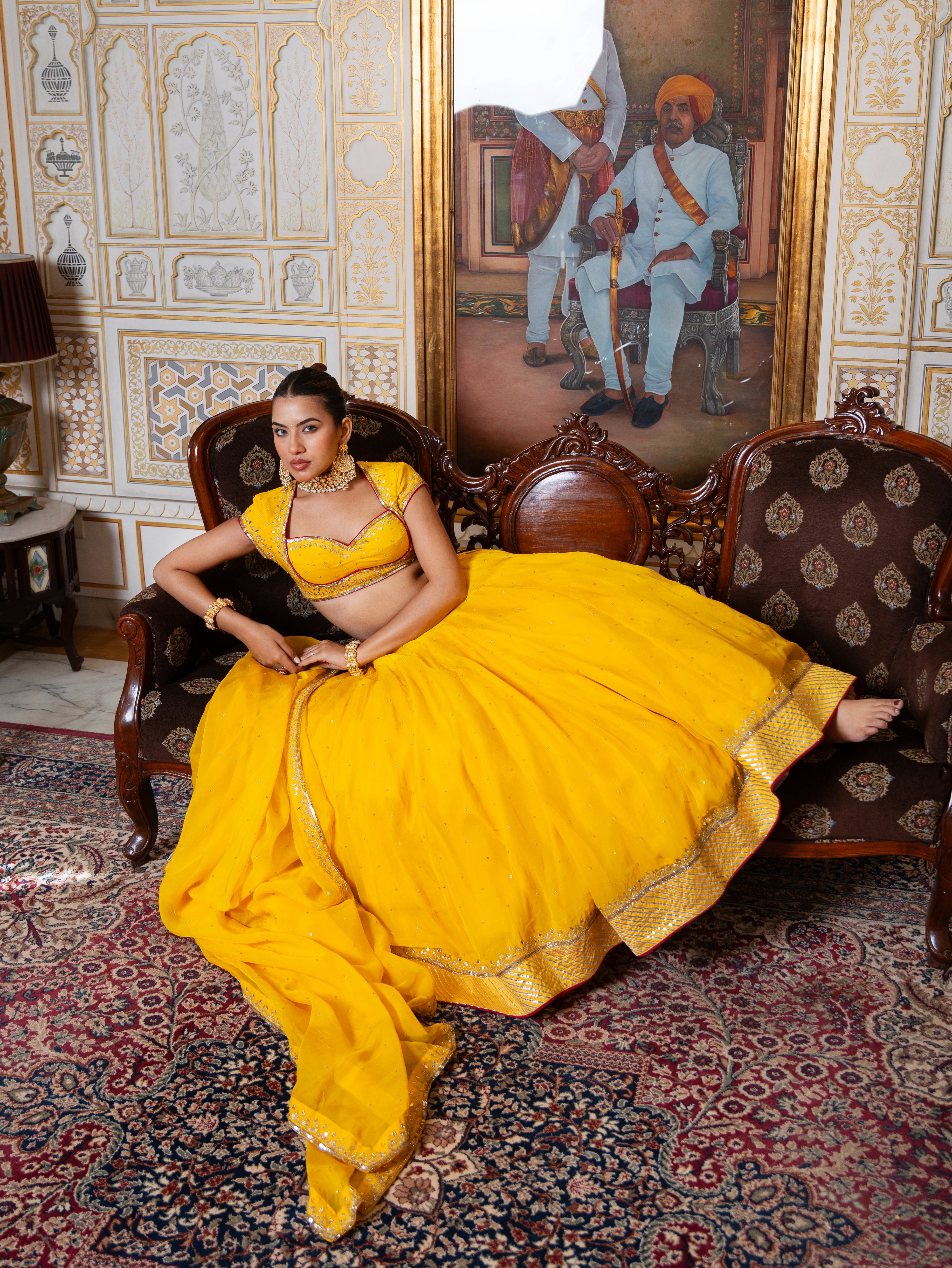 MEHFIL MARIGOLD SEQUIN ZARI HAND WORK ORGANZA LEHENGA SET WITH ORGANZA DUPATTA