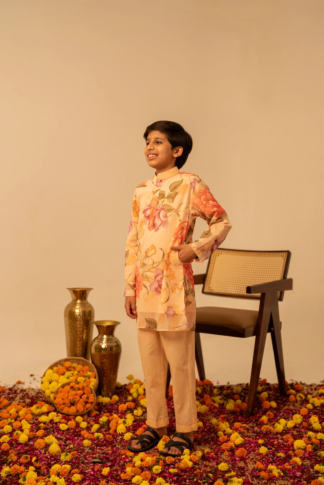 KHILKARI  APRICOT PHOOL MUSLIN KURTA SET