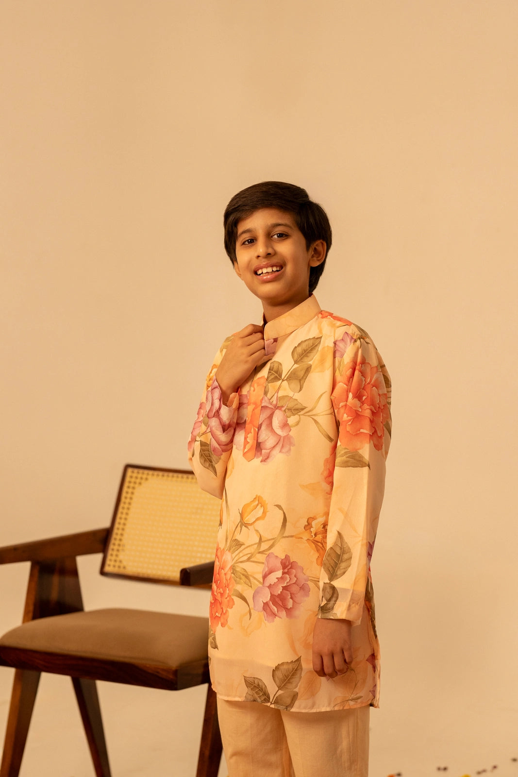 KHILKARI  APRICOT PHOOL MUSLIN KURTA SET