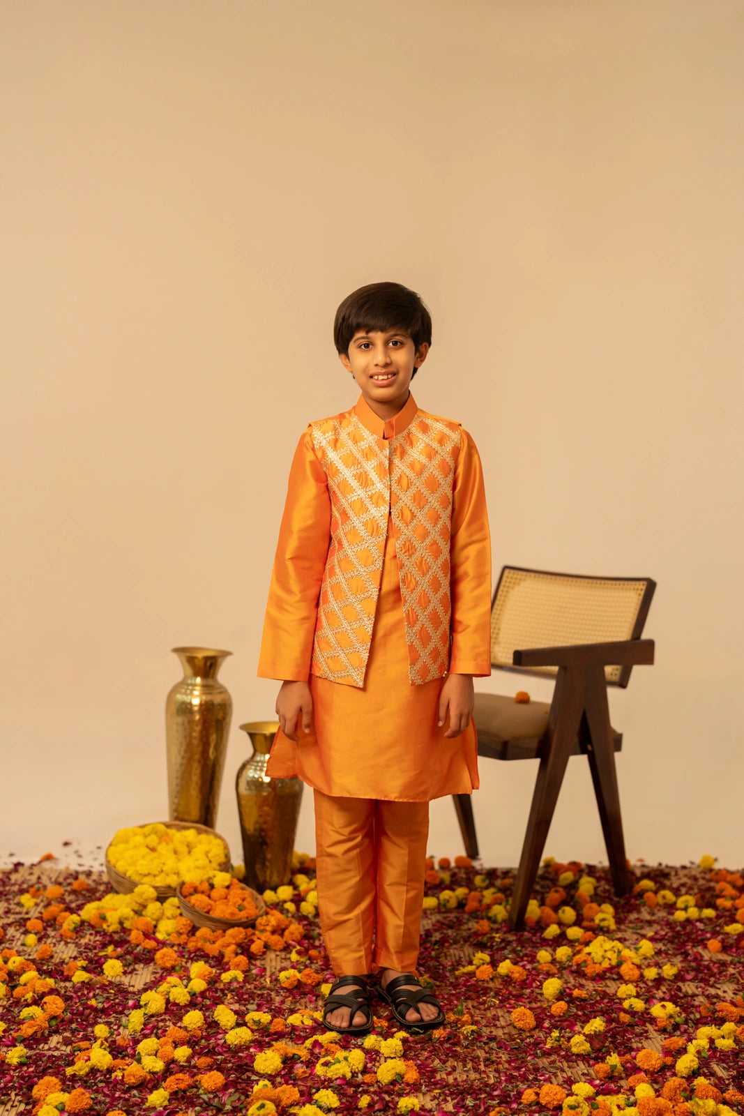 ORANGE TAFFETA GOTTA PAATI HAND WORK FAMILY OUTFIT COMBO